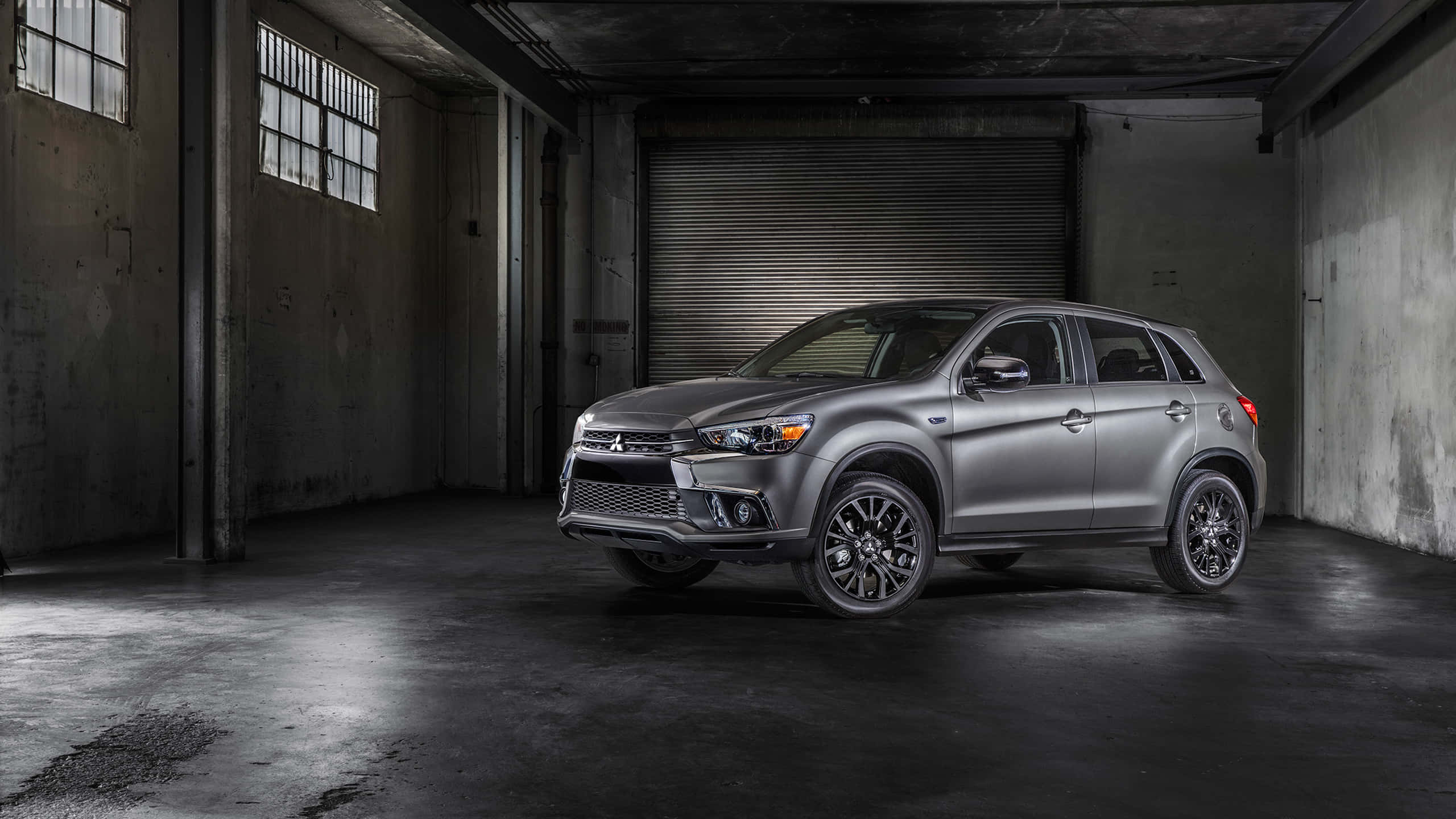 Mitsubishi Outlander, sleek silver, industrial warehouse, 2K Desktop Wallpaper