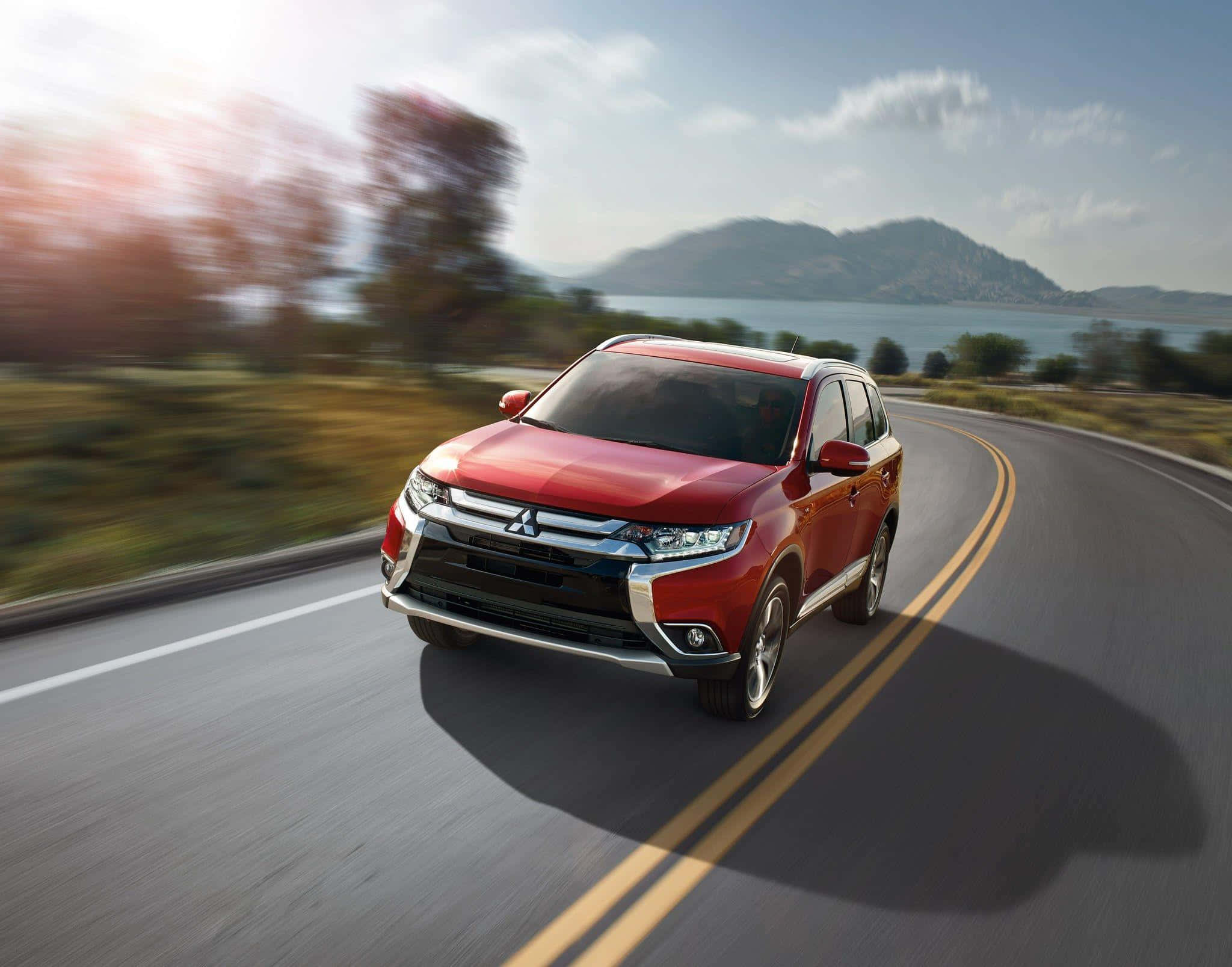 Mitsubishi Outlander, red, winding coastal road, Full HD Desktop Wallpaper