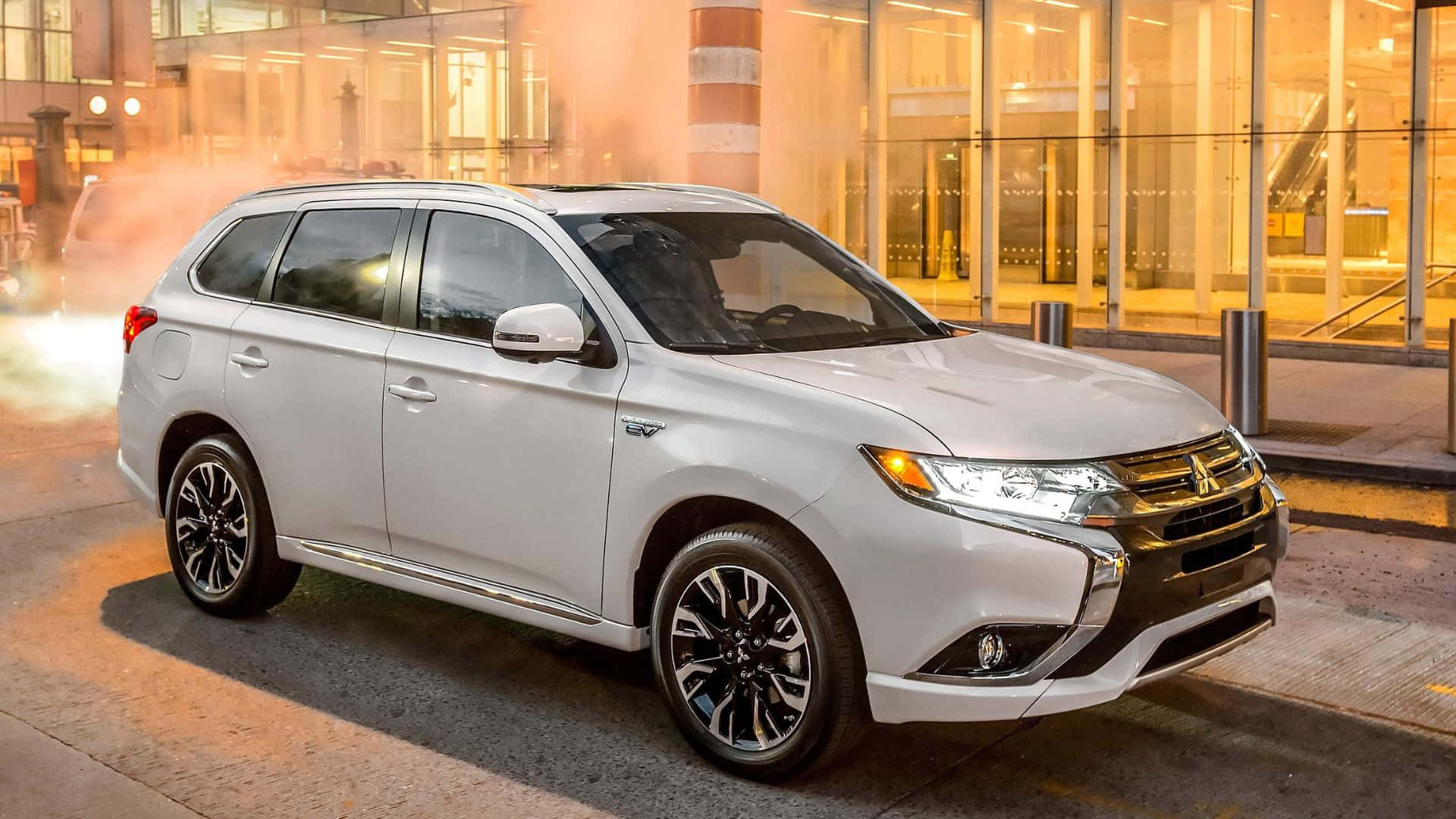 Mitsubishi Outlander, white, city sidewalk, Full HD Desktop Wallpaper