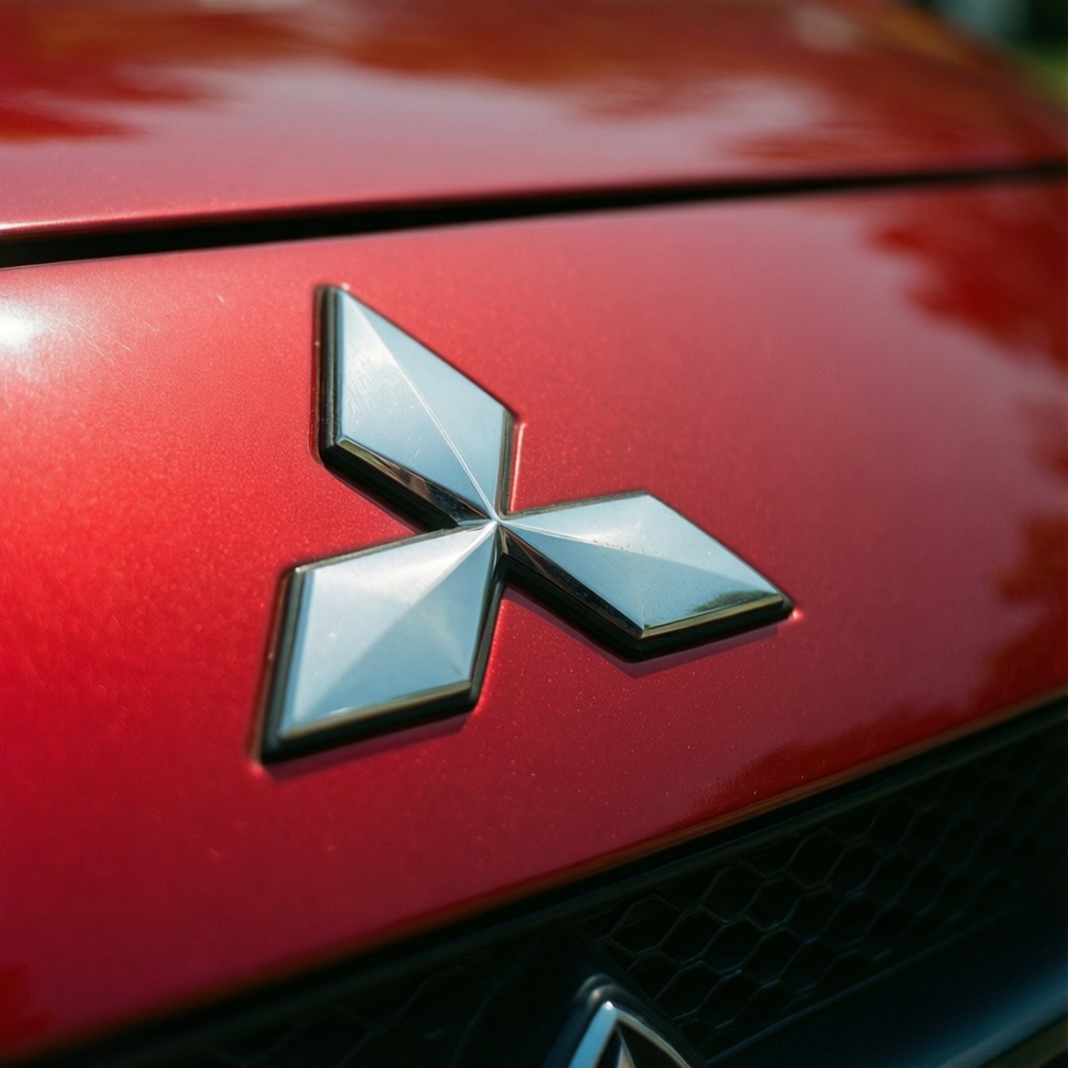 Mitsubishi, diamond logo, glossy red car hood, HD Desktop Wallpaper