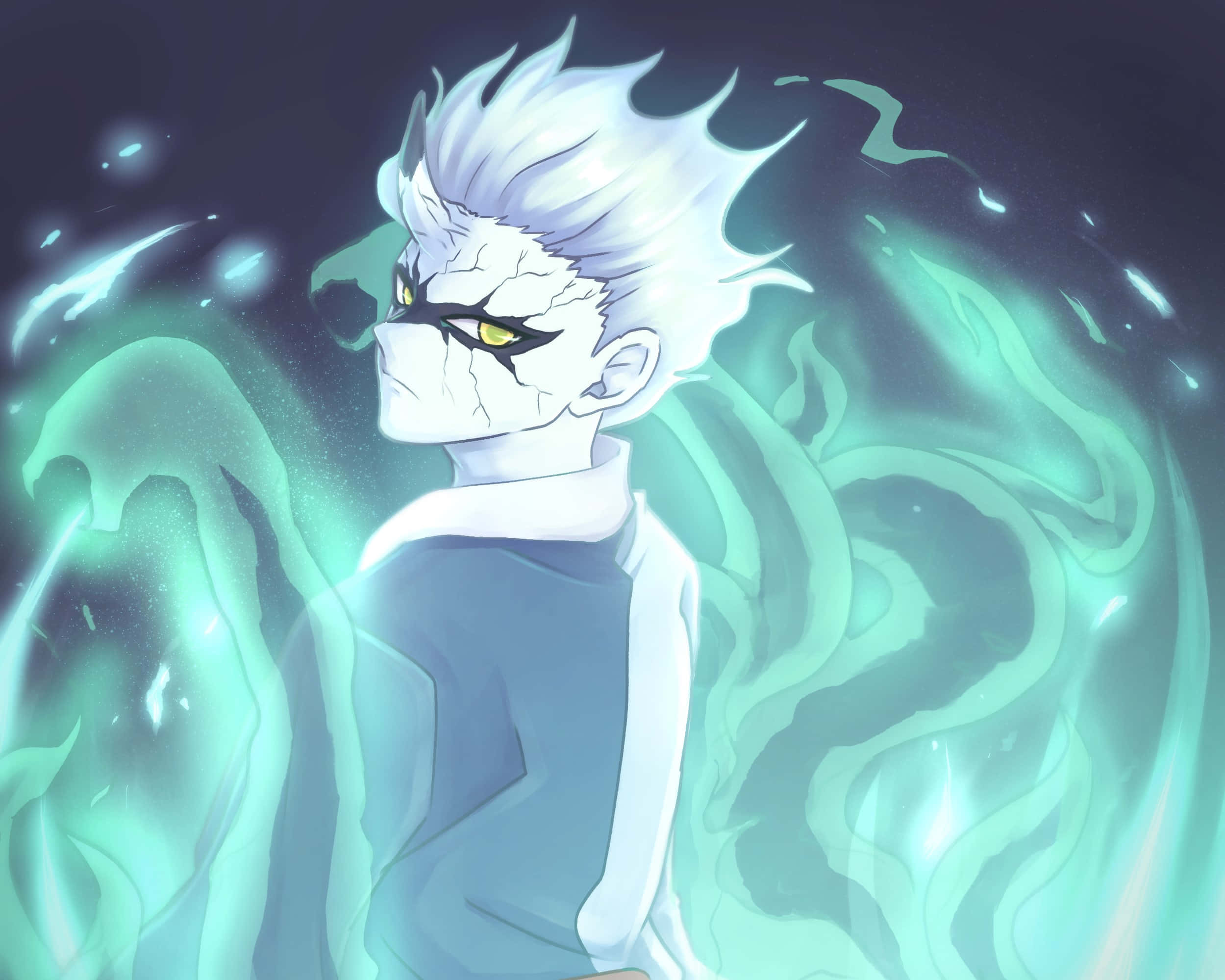 Mitsuki, white-haired anime character, glowing green energy swirls, Full HD Desktop Wallpaper