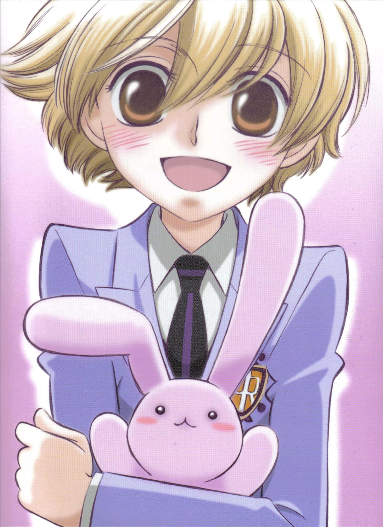Mitsukuni Haninozuka, pink bunny plushie, soft purple background, Full HD Phone Wallpaper