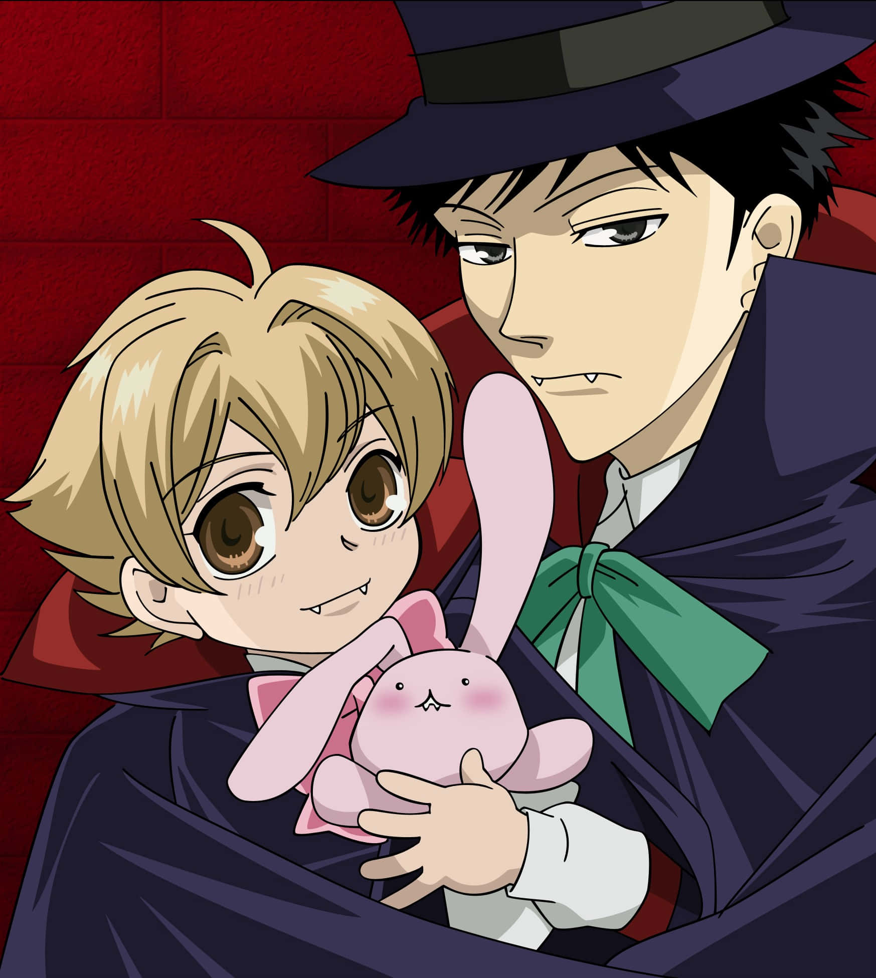 Mitsukuni Haninozuka, pink bunny plush, red brick wall, Full HD Phone Wallpaper