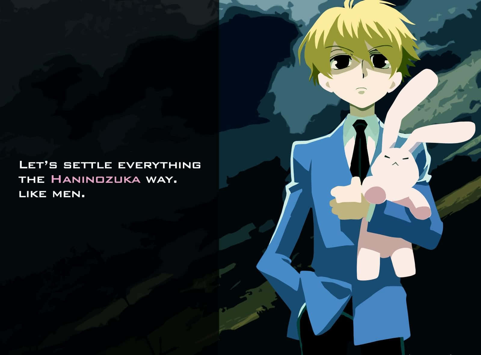 Mitsukuni Haninozuka, blue suit, pink bunny plush, HD Desktop Wallpaper