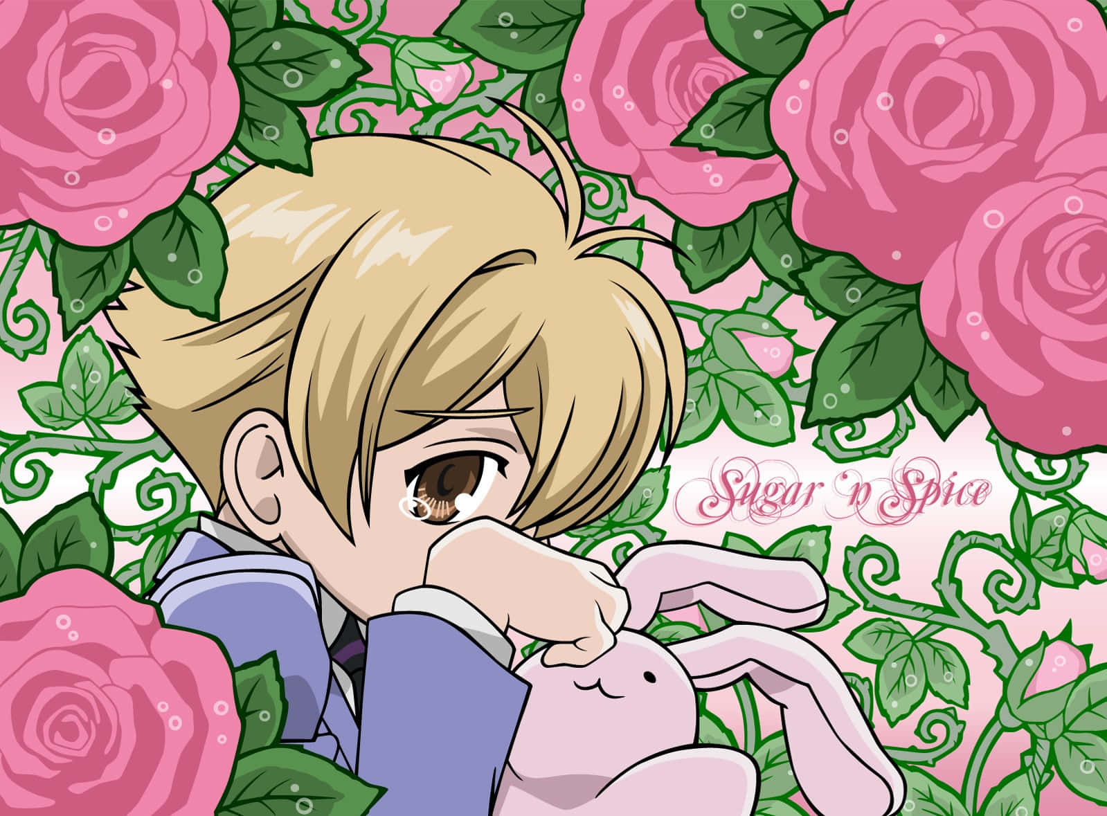 Mitsukuni Haninozuka, blue suit, pink bunny plush, HD Desktop Wallpaper