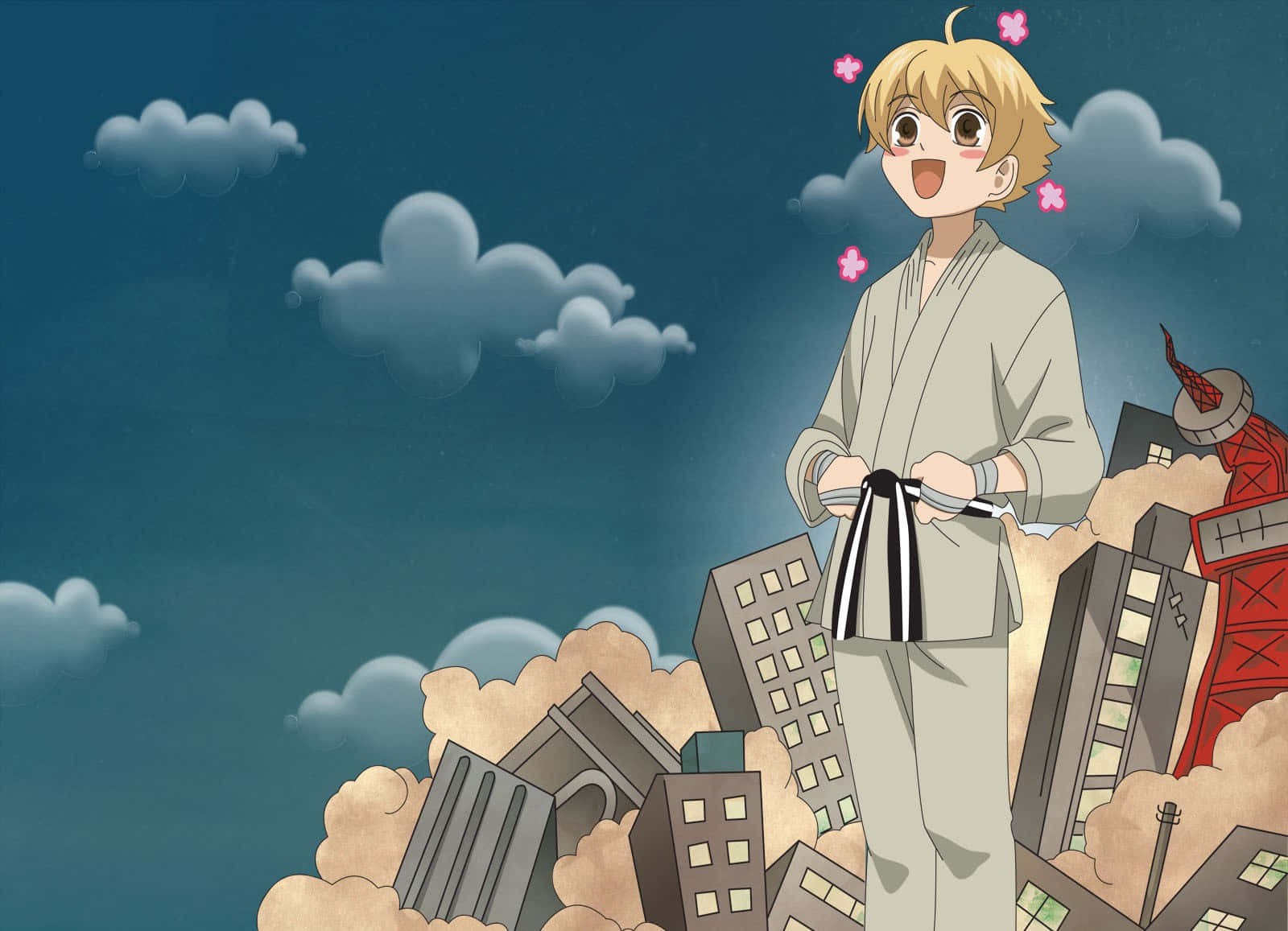 Mitsukuni Haninozuka, light robe, floating city buildings, HD Desktop Wallpaper