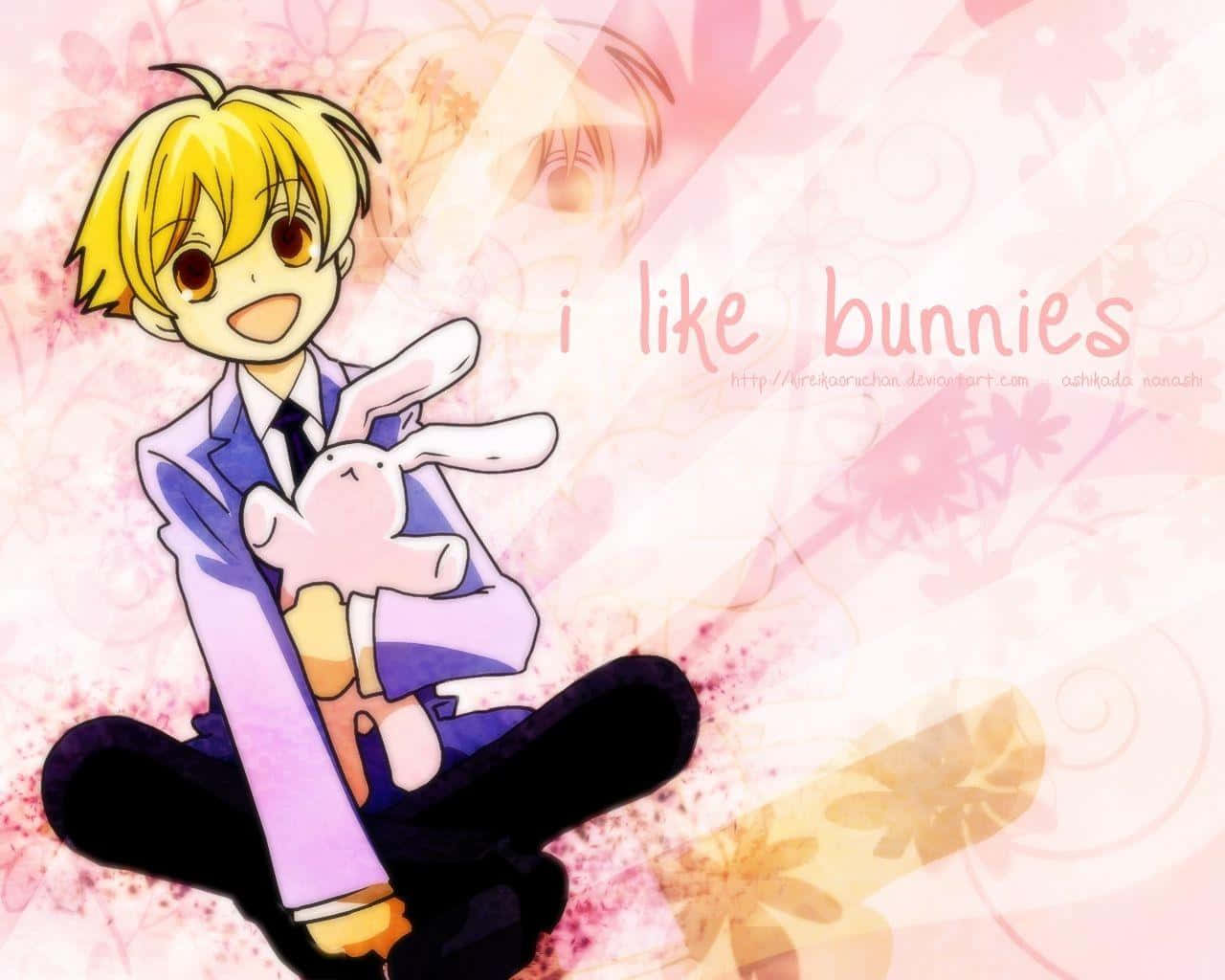 Mitsukuni Haninozuka, pink bunny plush, soft pink floral background, HD Desktop Wallpaper
