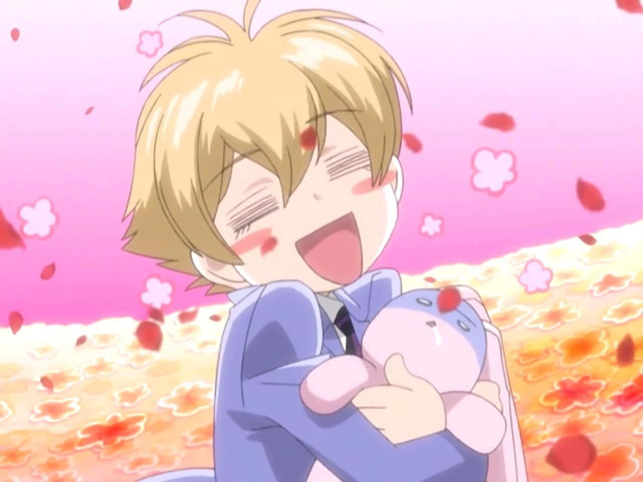 Mitsukuni Haninozuka, blonde hair, pink plush toy, HD Desktop Wallpaper