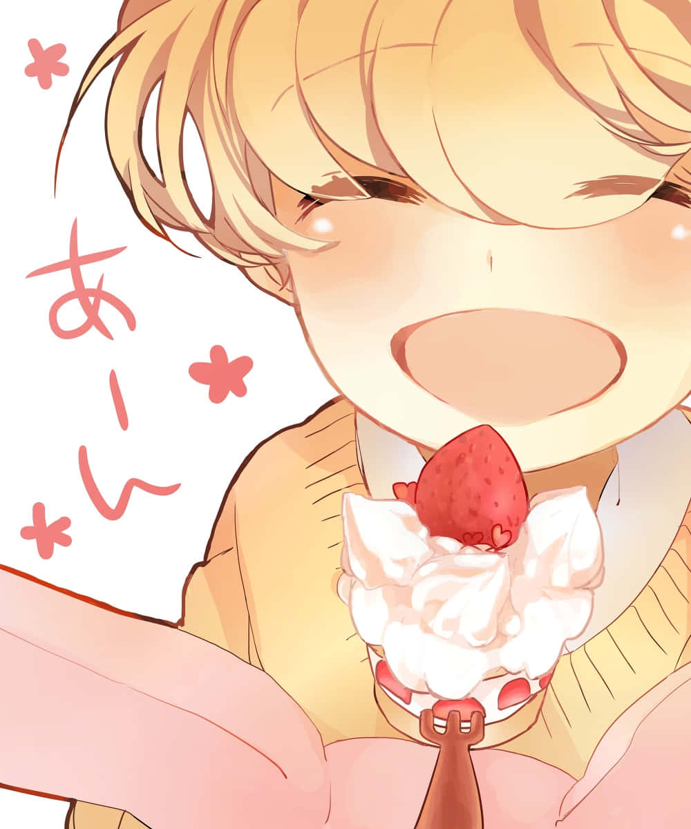 Mitsukuni Haninozuka, strawberry topped ice cream cone, blonde hair, SD Phone Wallpaper