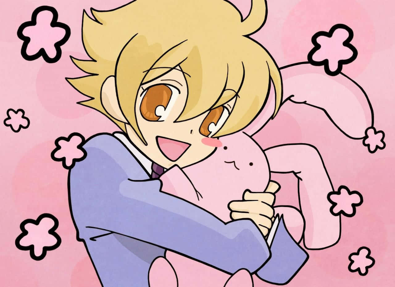 Mitsukuni Haninozuka, pink bunny plushie, soft pink background, HD Desktop Wallpaper