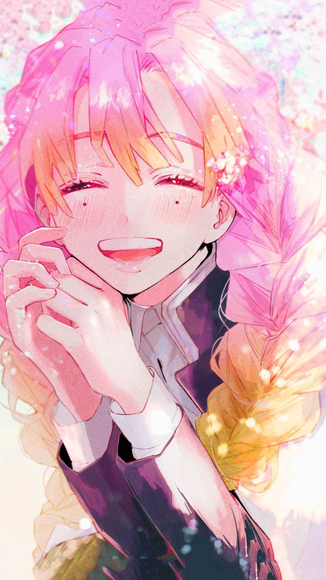 Mitsuri Kanroji, pink and orange hair, smile, Full HD Phone Wallpaper