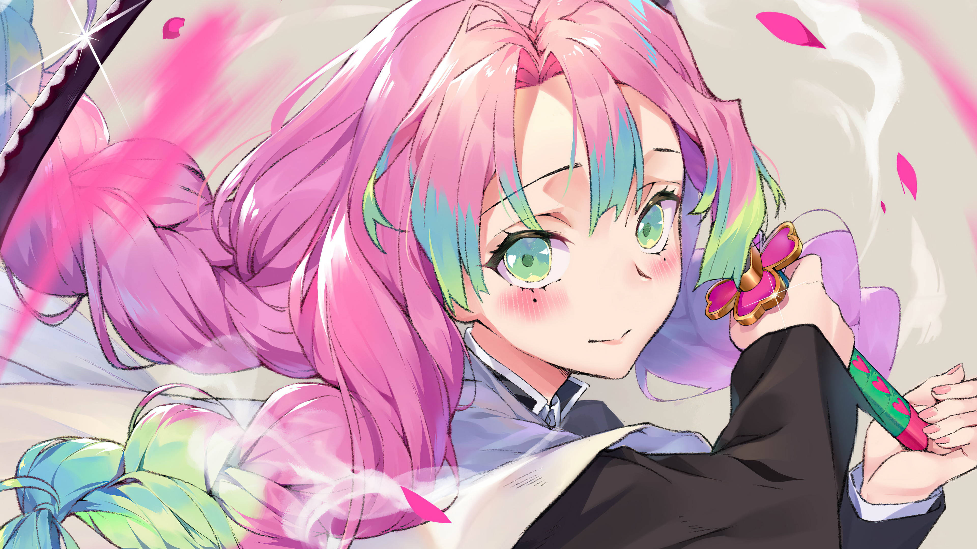Mitsuri Kanroji, pink and teal hair, glowing sword, 4K Desktop Wallpaper