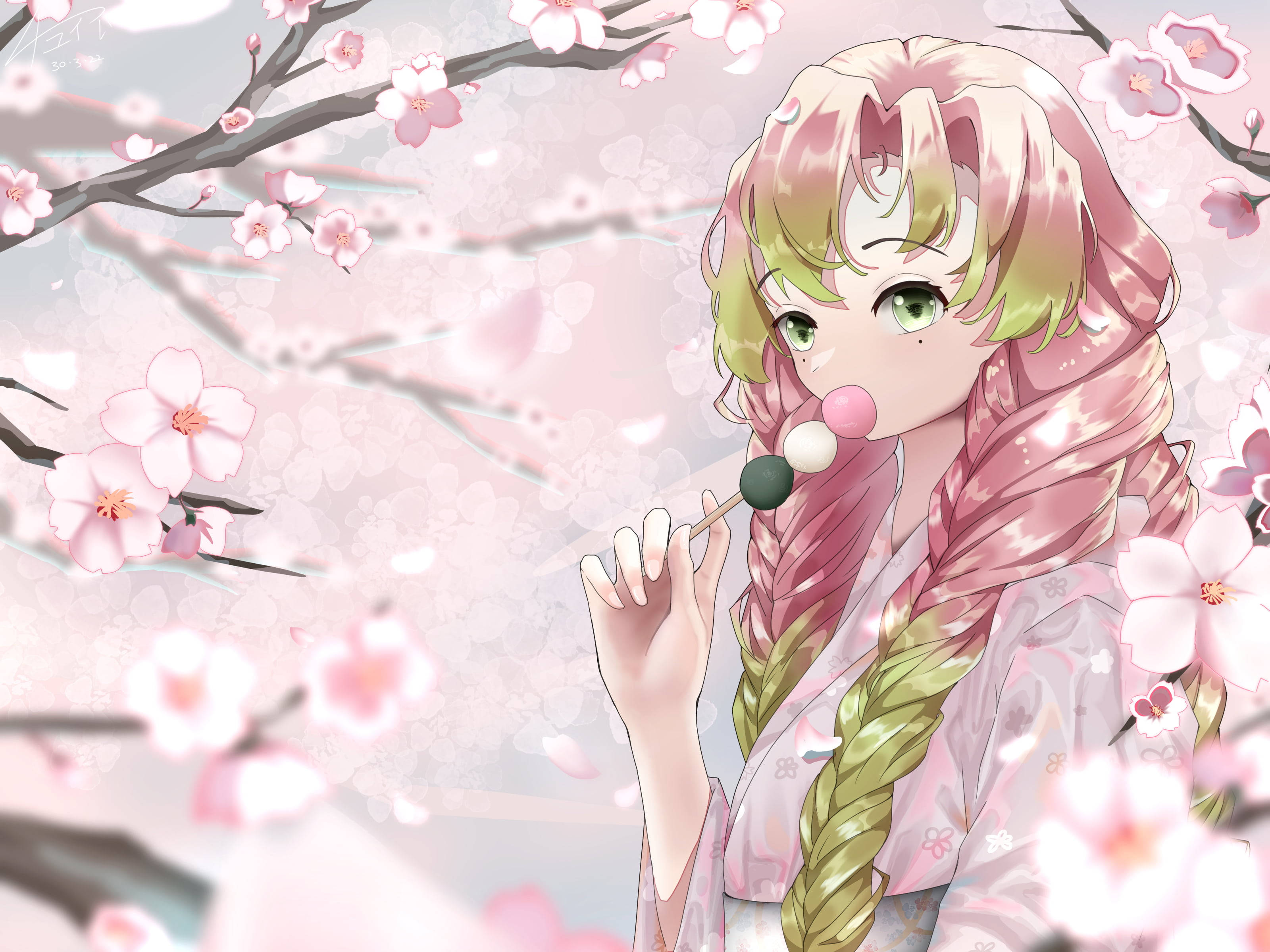 Mitsuri Kanroji, green hair, pink kimono, 2K Desktop Wallpaper