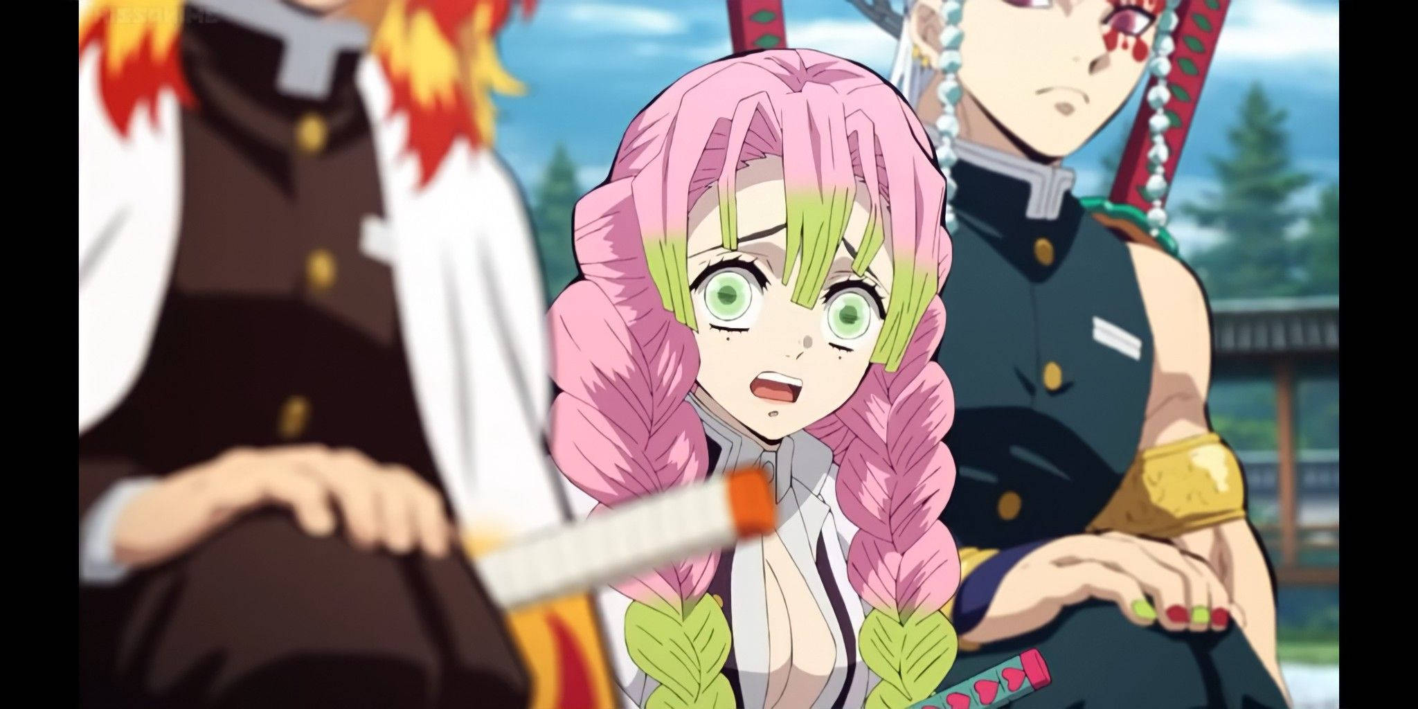 Mitsuri Kanroji, pink-haired, green streaks, Full HD Desktop Wallpaper