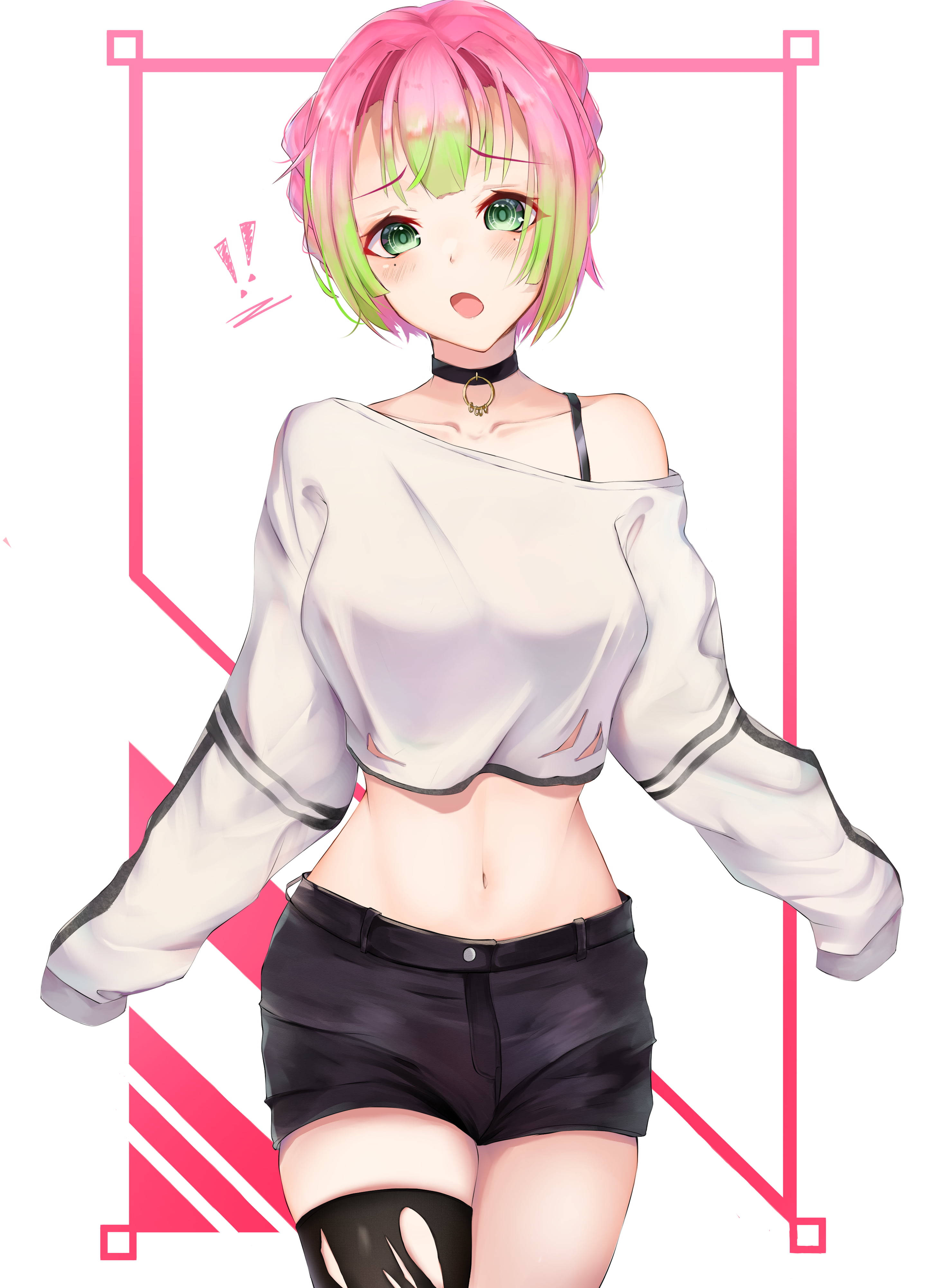 Mitsuri Kanroji, pink and green hair, white crop top, 4K Phone Wallpaper
