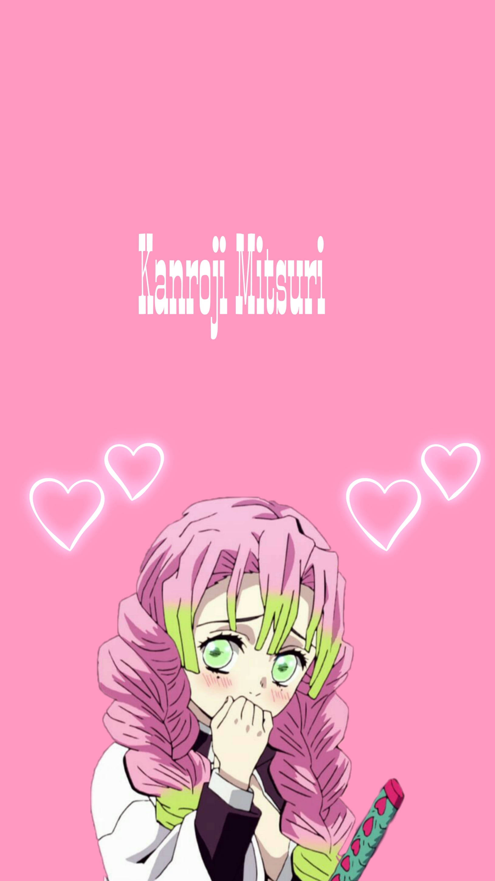 Mitsuri Kanroji, pink hair, green eyes, 2K Phone Wallpaper