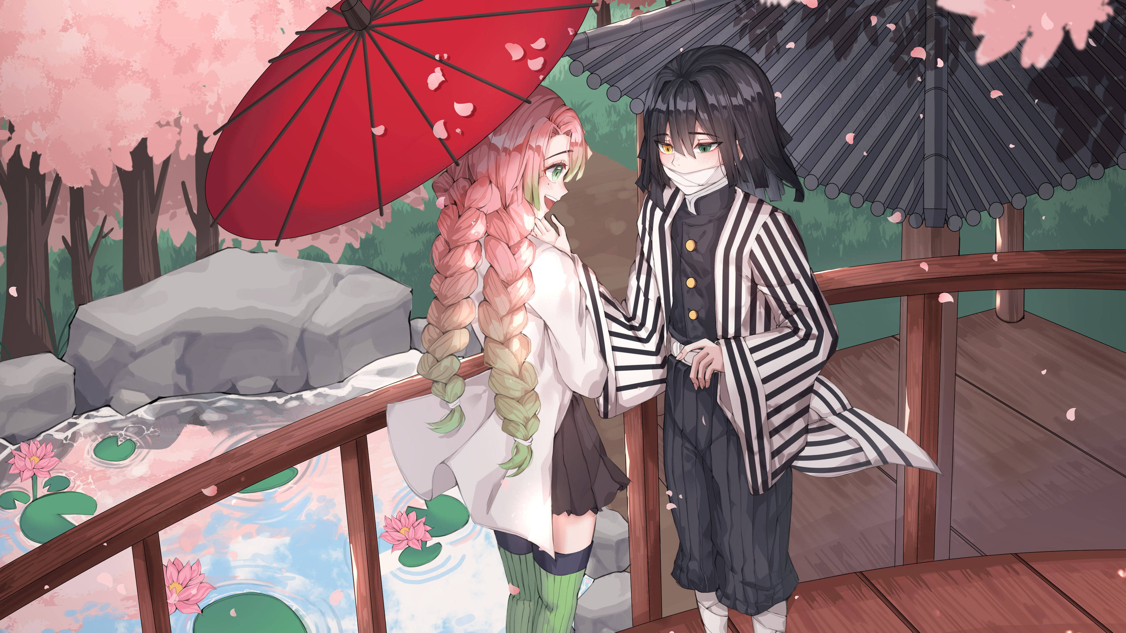 Mitsuri Kanroji, wooden bridge, umbrellas, 4K Desktop Wallpaper