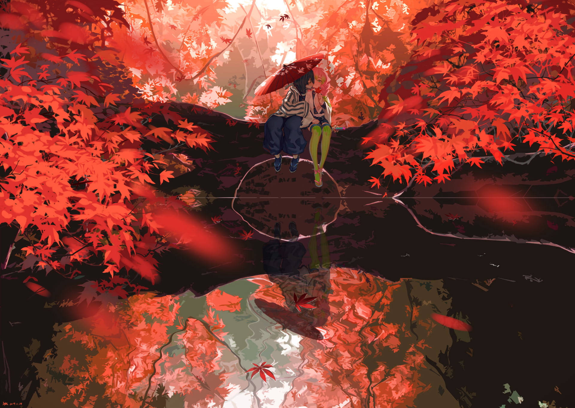 Mitsuri Kanroji, red umbrella, mossy stone bridge, Full HD Desktop Wallpaper