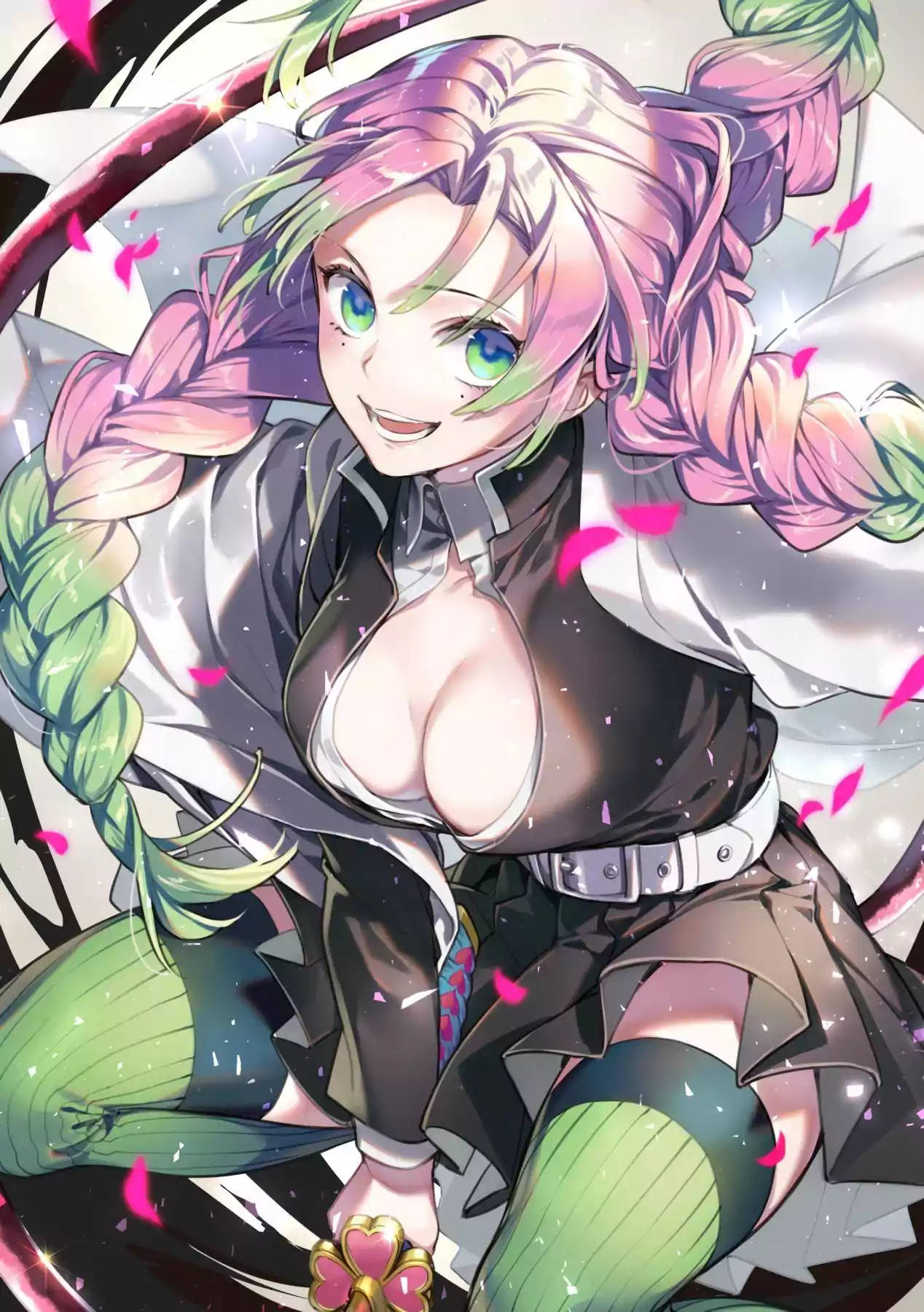 Mitsuri Kanroji, pink and green braided hair, floating pink petals, HD Phone Wallpaper