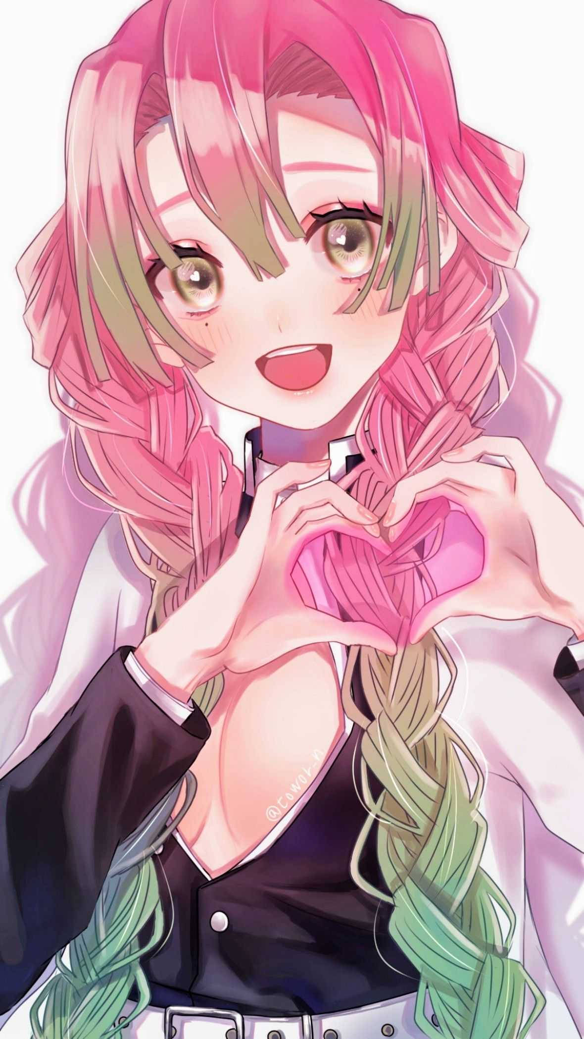 Mitsuri Kanroji, pink and green braided hair, heart shape with her hands, Full HD Phone Wallpaper