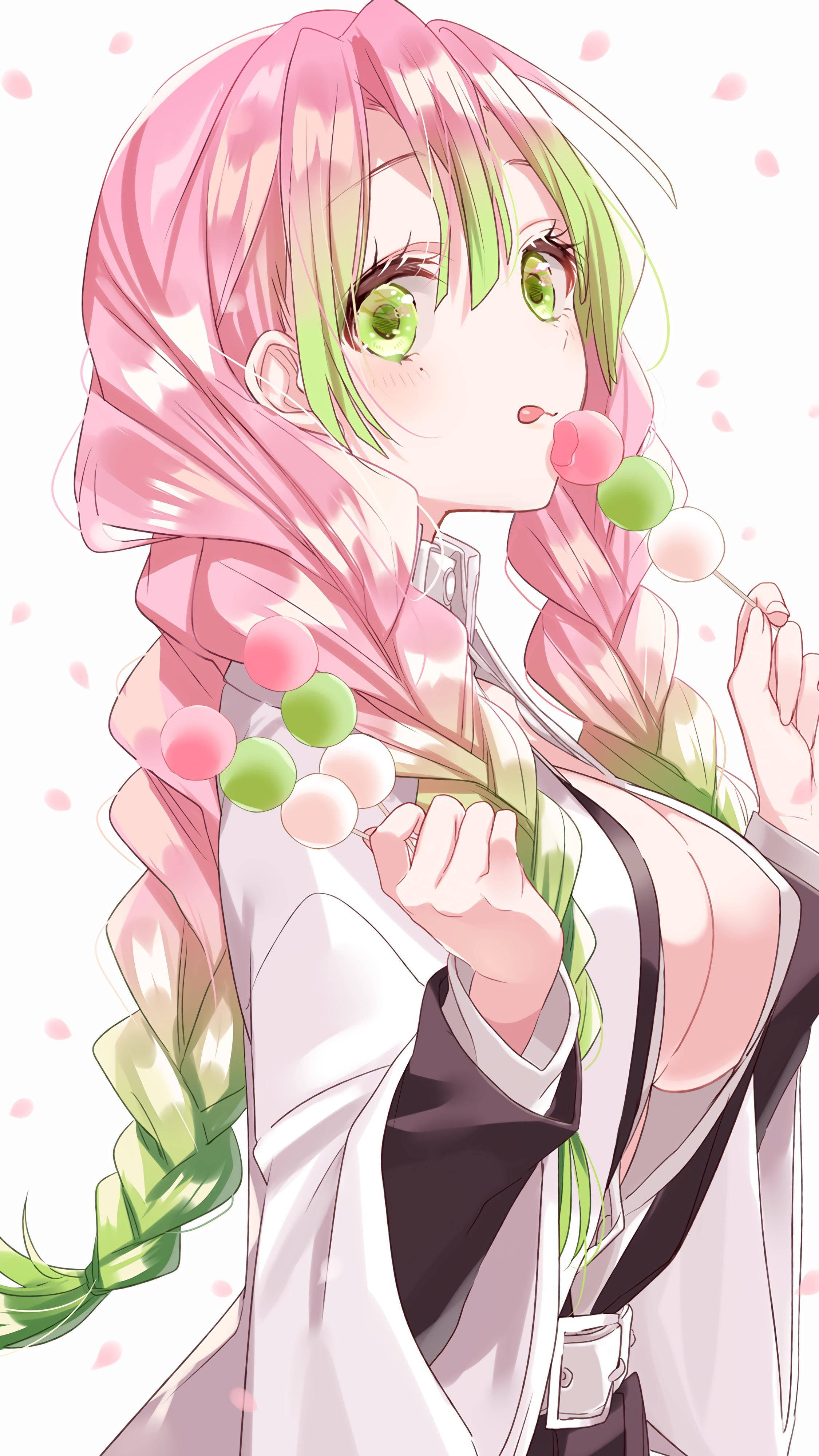 Mitsuri Kanroji, pink and green hair, colorful dango skewer, 4K Phone Wallpaper