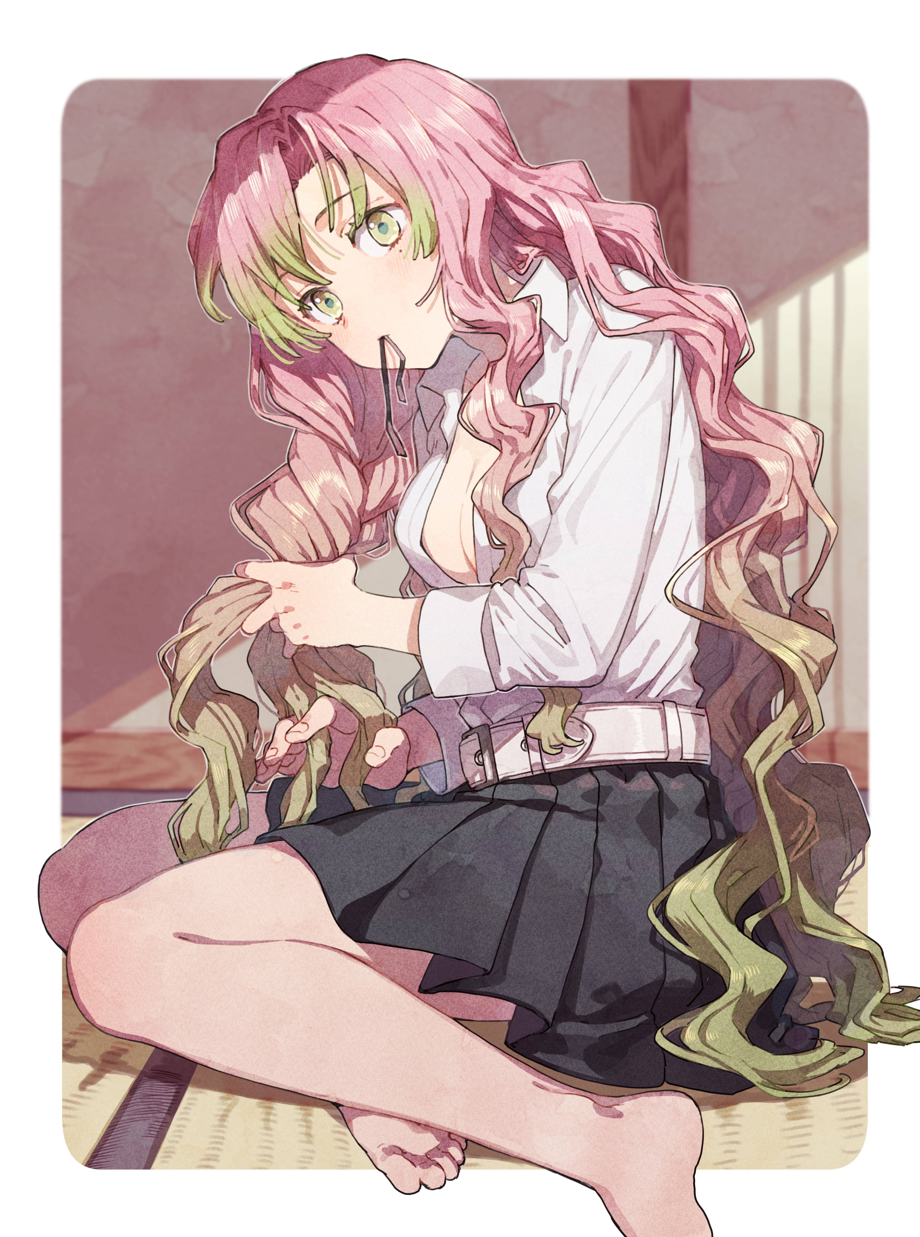 Mitsuri Kanroji, pink-haired, green eyes, 4K Phone Wallpaper