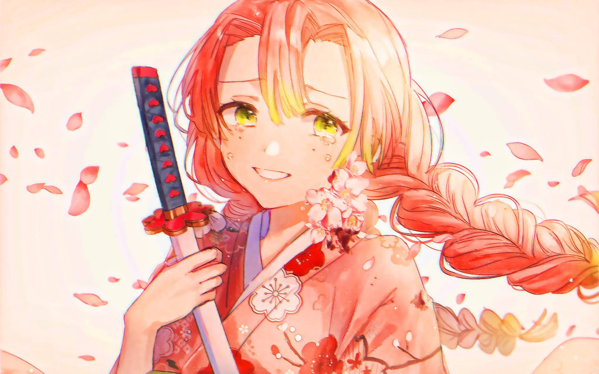 Mitsuri Kanroji, red hair, green eyes, Full HD Desktop Wallpaper