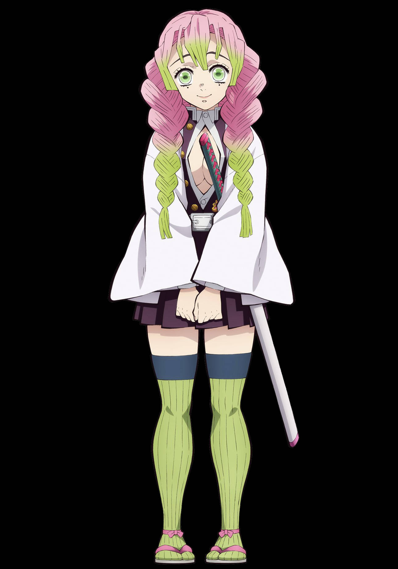 Mitsuri Kanroji, pink and green braided hair, white kimono, HD Phone Wallpaper