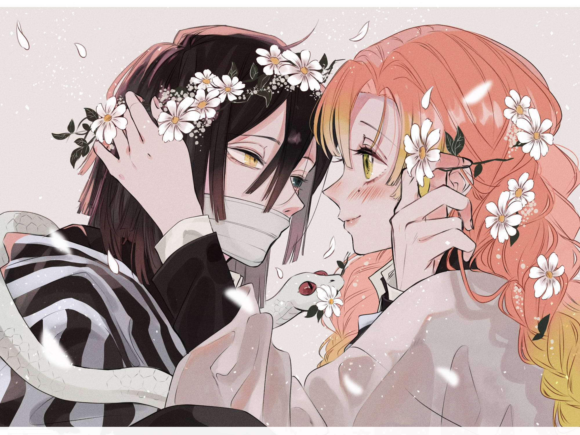 Mitsuri Kanroji, floral crowns, falling petals, Full HD Desktop Wallpaper