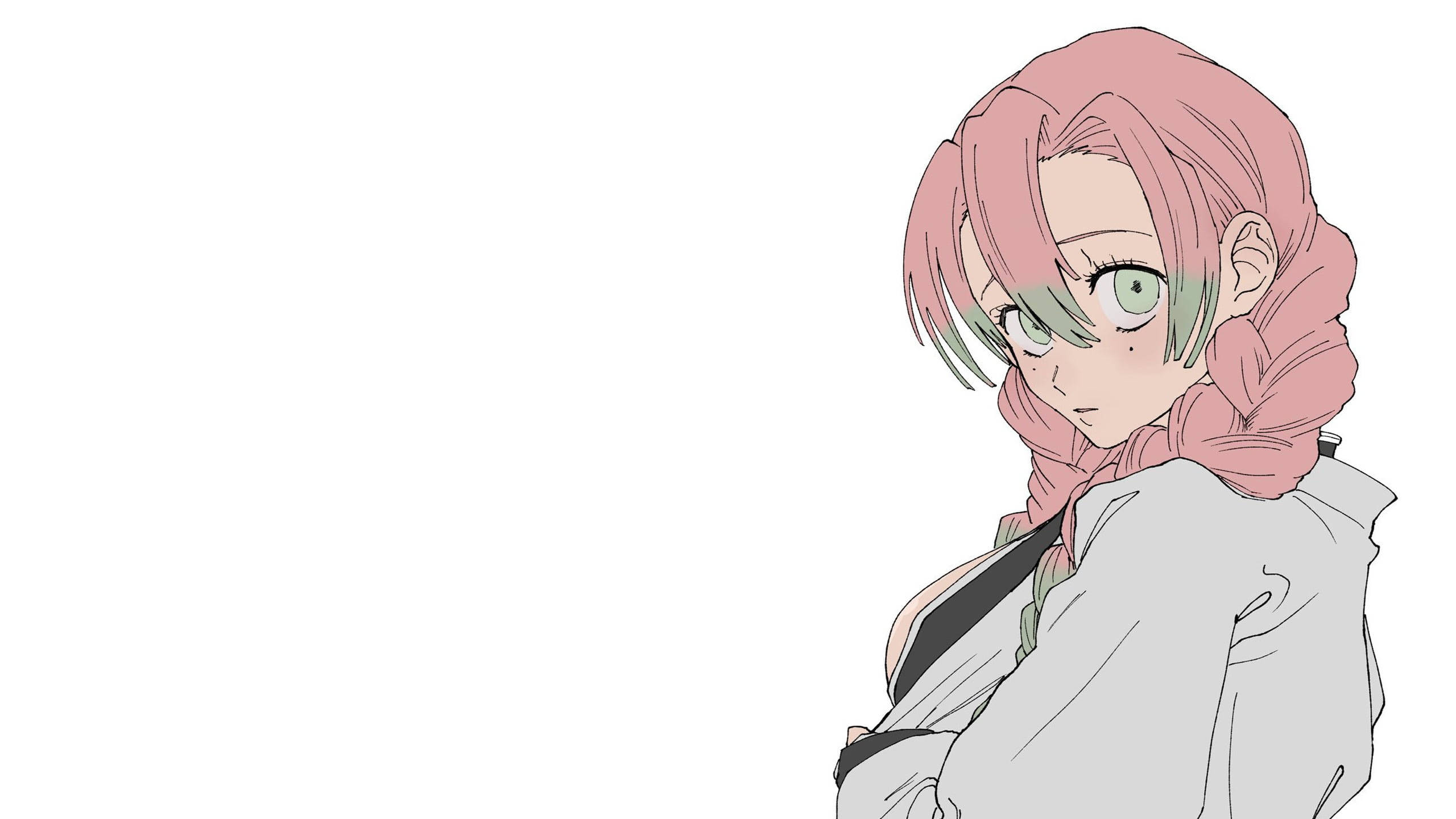 Mitsuri Kanroji, pink-haired, green eyes, 2K Desktop Wallpaper