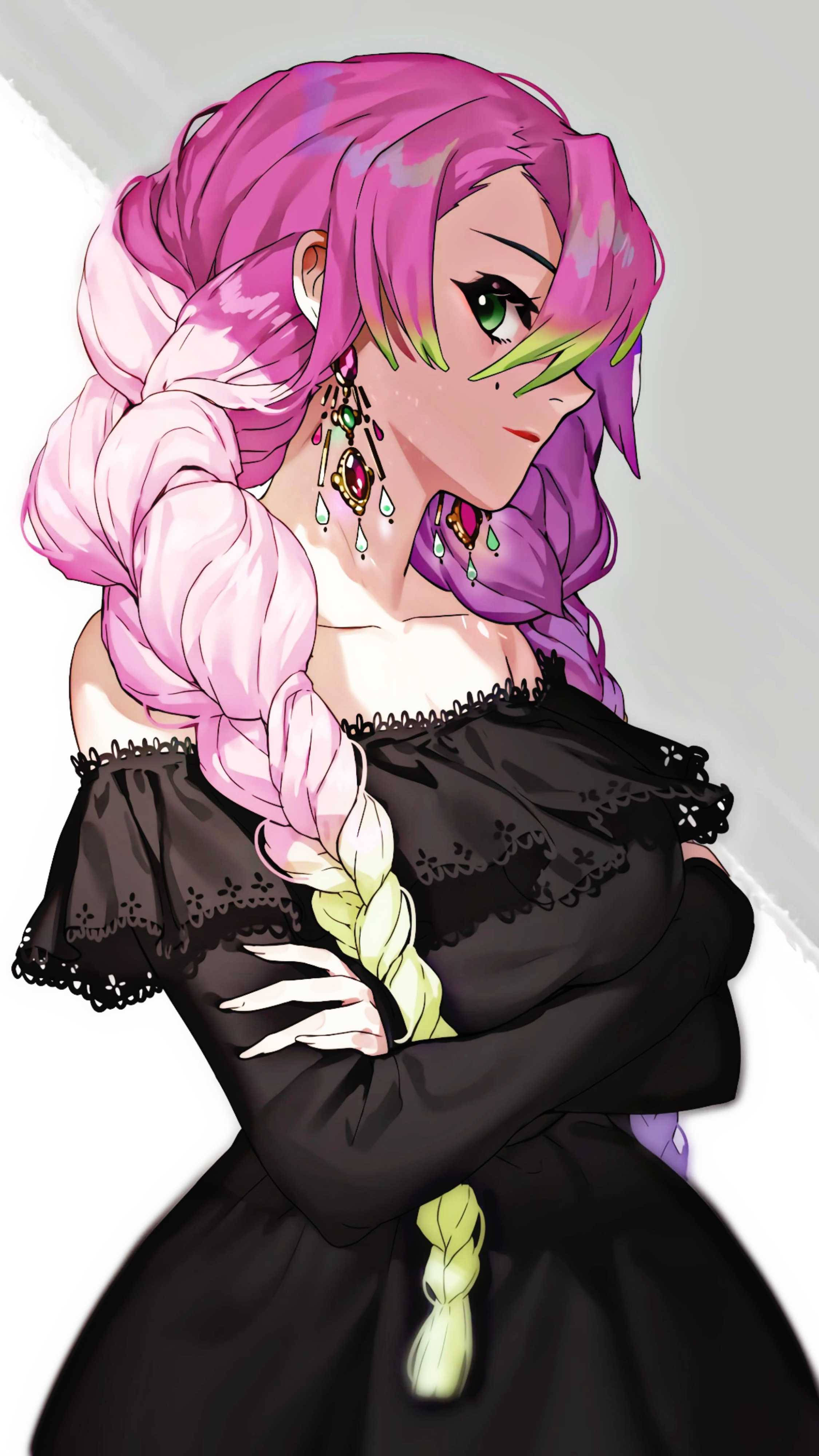 Mitsuri Kanroji, black lace dress, vibrant pink and green hair, 4K Phone Wallpaper