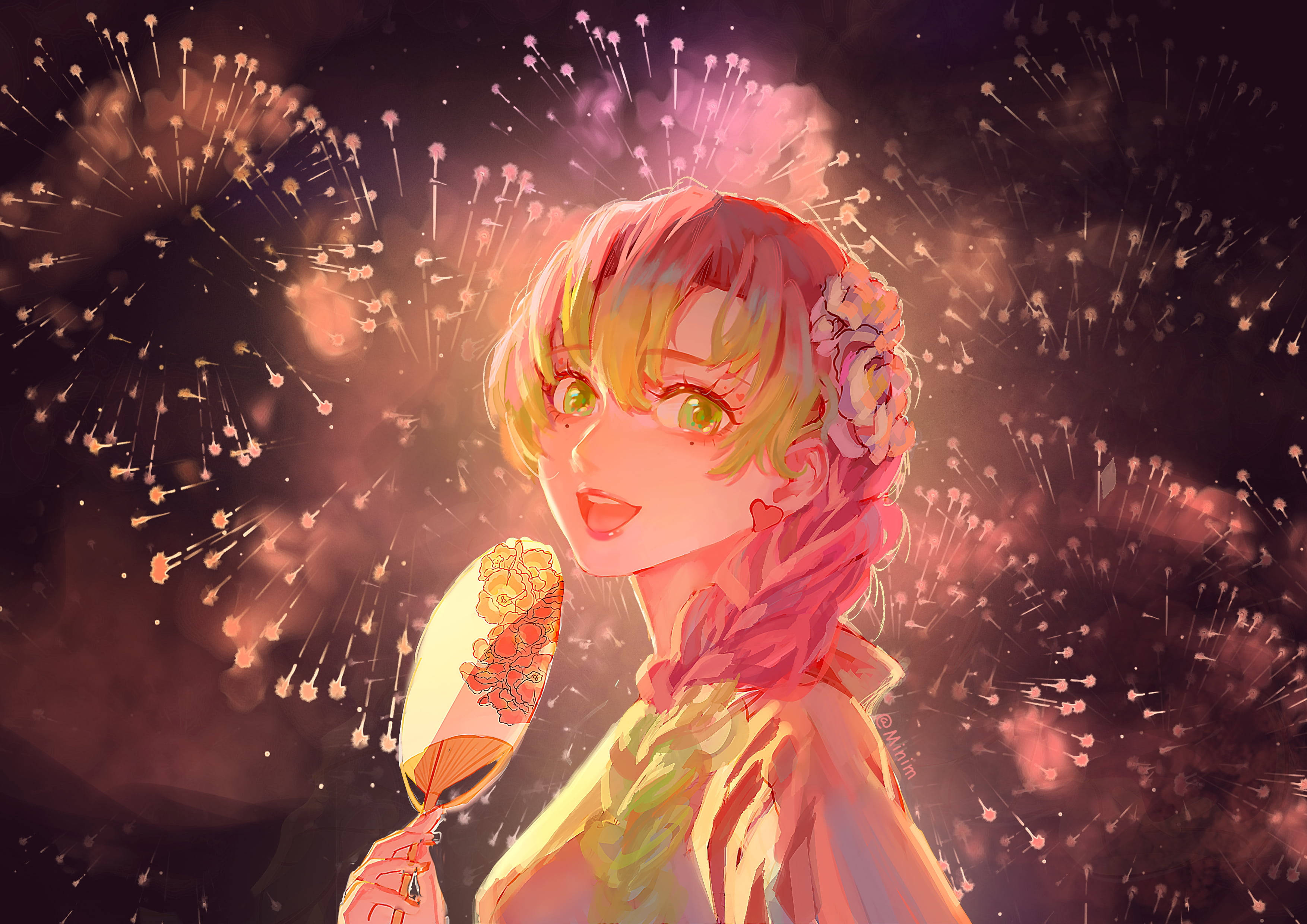 Mitsuri Kanroji, pink hair, green eyes, 2K Desktop Wallpaper