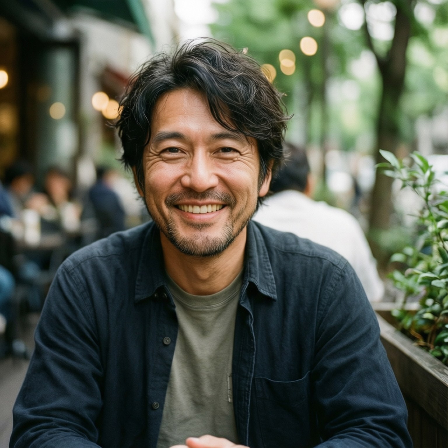 Mitsuru Sasayama, outdoor cafe, smiling, HD Desktop Wallpaper