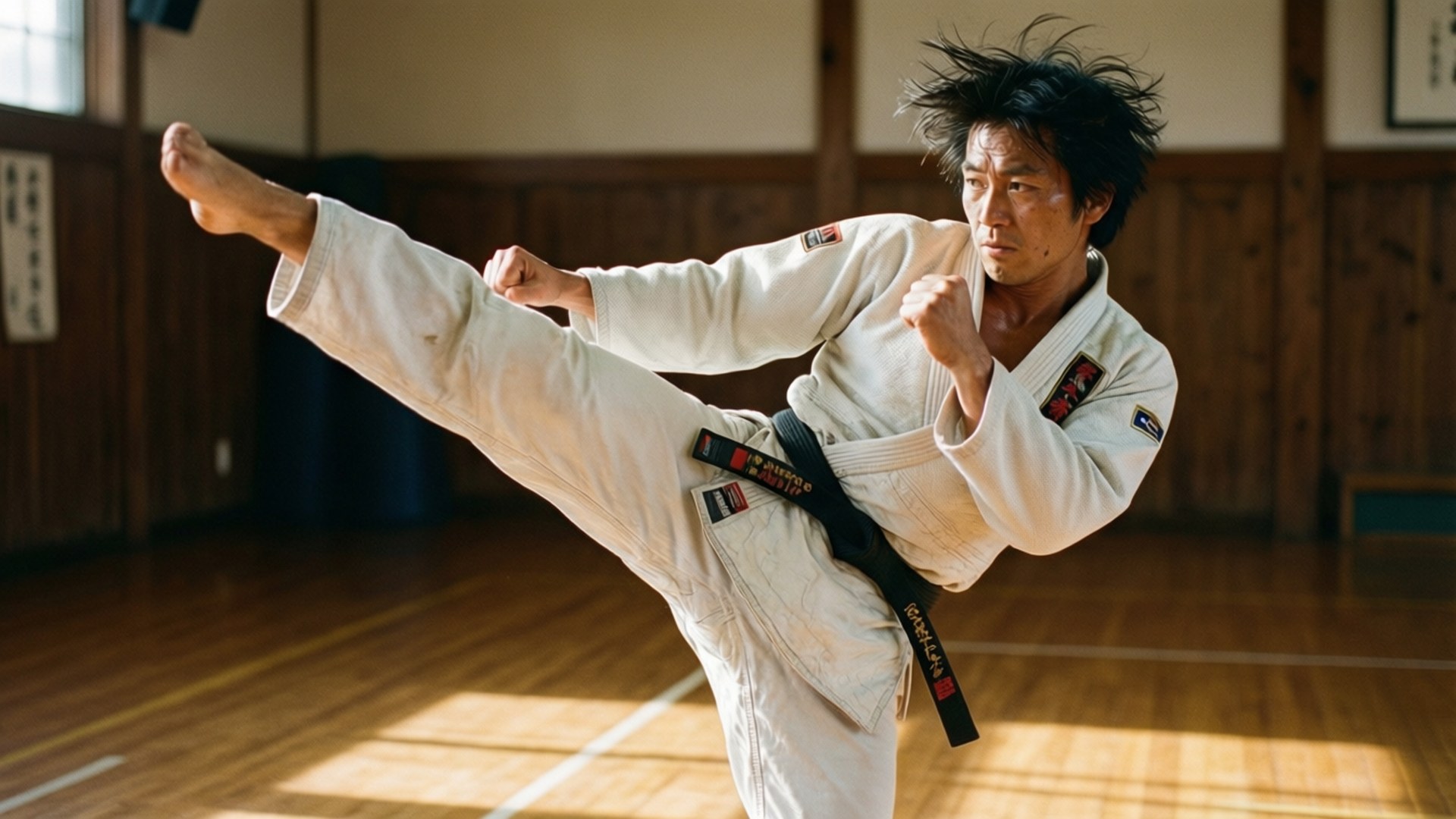 Mitsuru Sasayama, high kick, dojo, Full HD Desktop Wallpaper