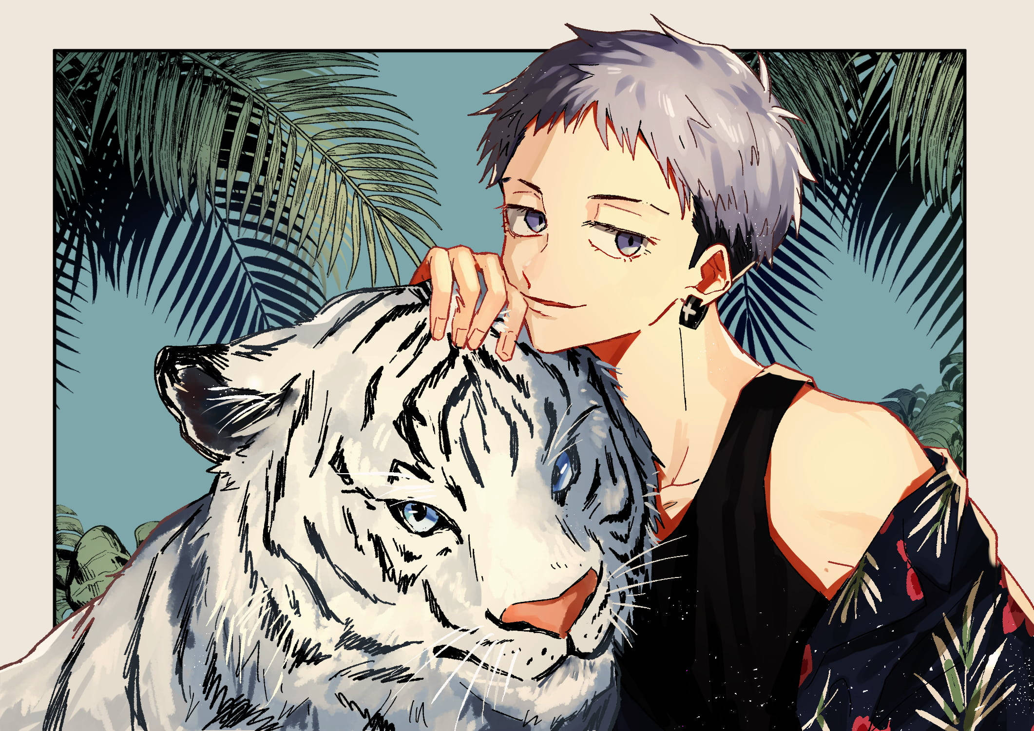 Mitsuya Takashi, white tiger, palm fronds, Full HD Desktop Wallpaper