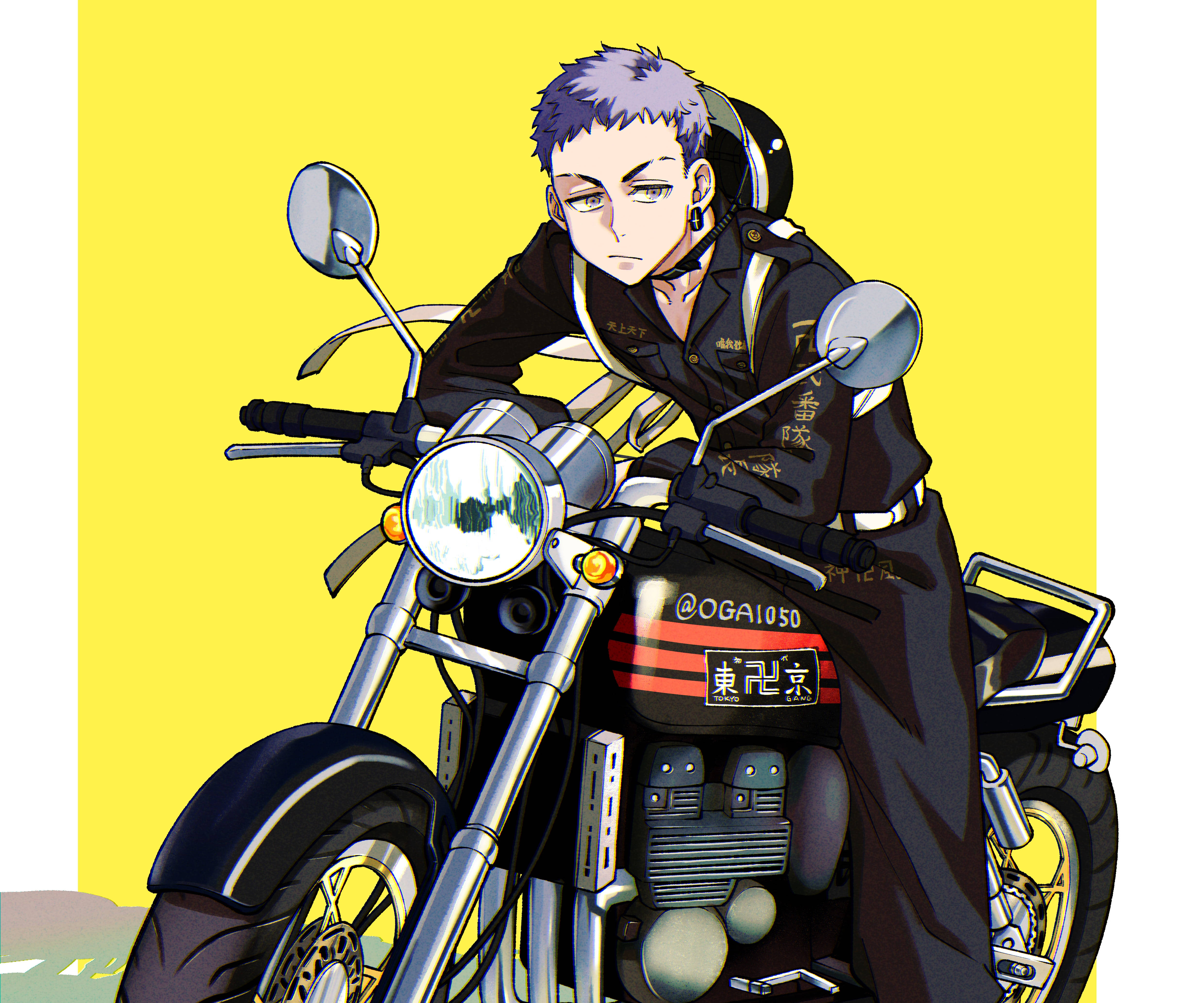 Mitsuya Takashi, yellow motorcycle, purple hair, 4K Desktop Wallpaper