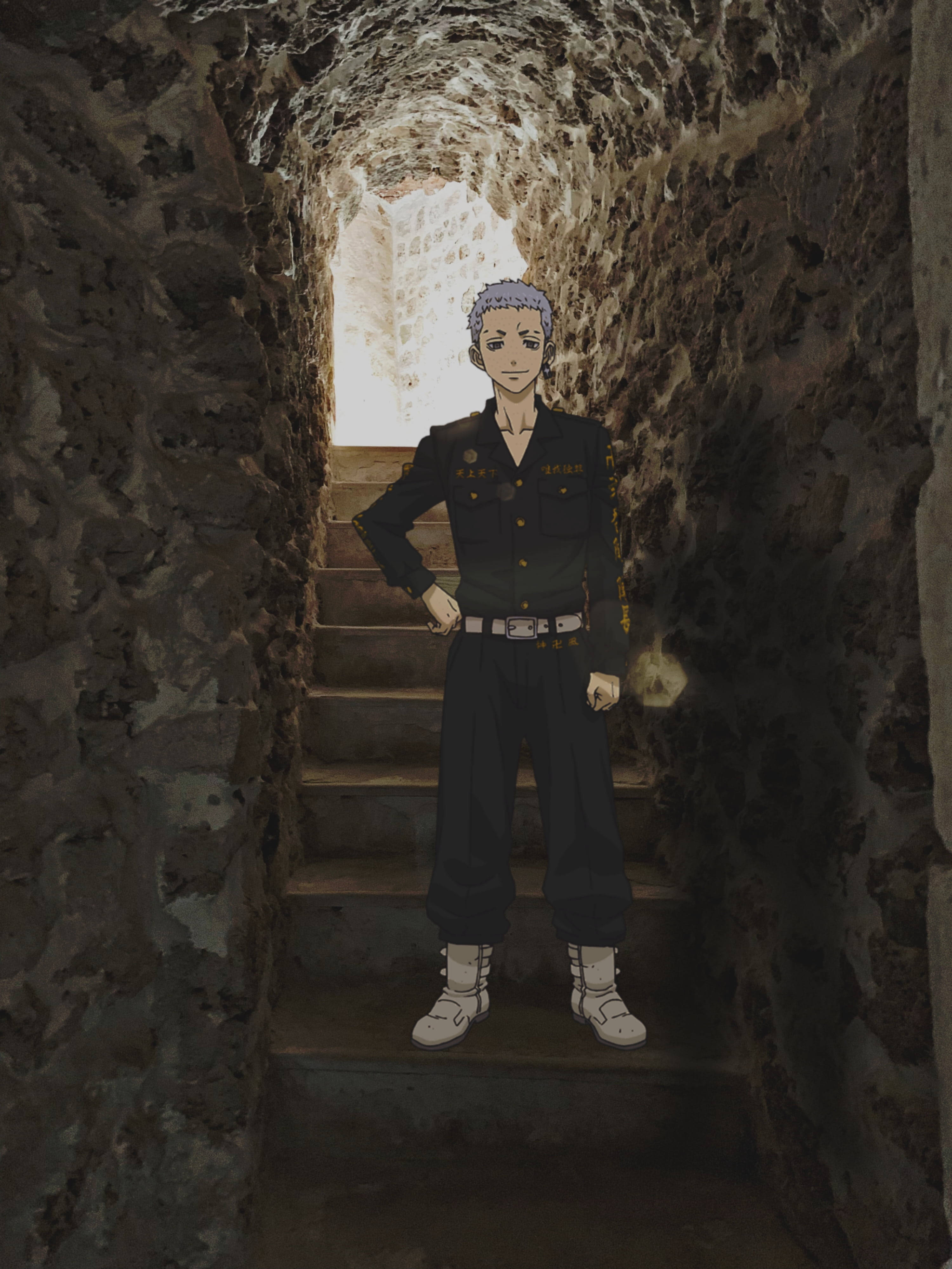 Mitsuya Takashi, cave passageway, stone stairs, 4K Phone Wallpaper