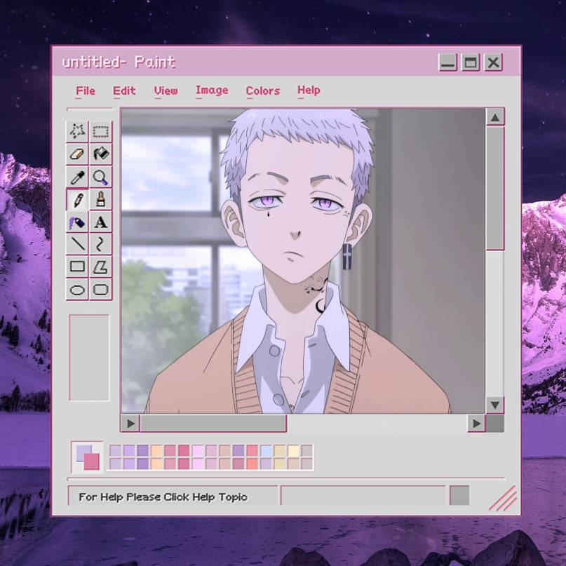 Mitsuya Takashi, pink-themed Paint app window, purple mountainous night sky, SD Desktop Wallpaper