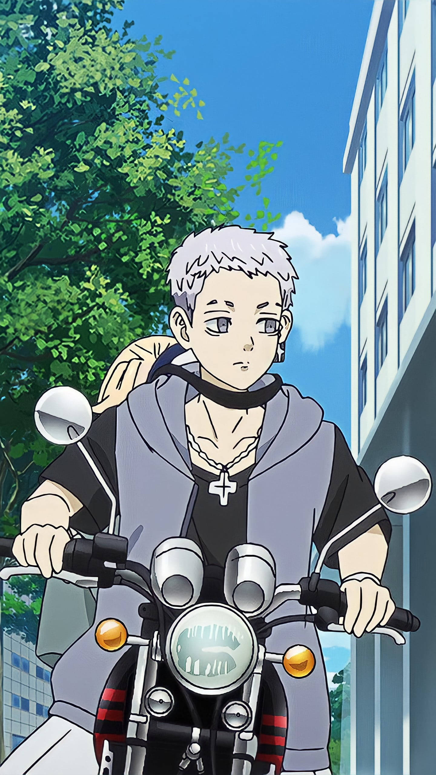 Mitsuya Takashi, motorcycle, tree-lined city street, 2K Phone Wallpaper