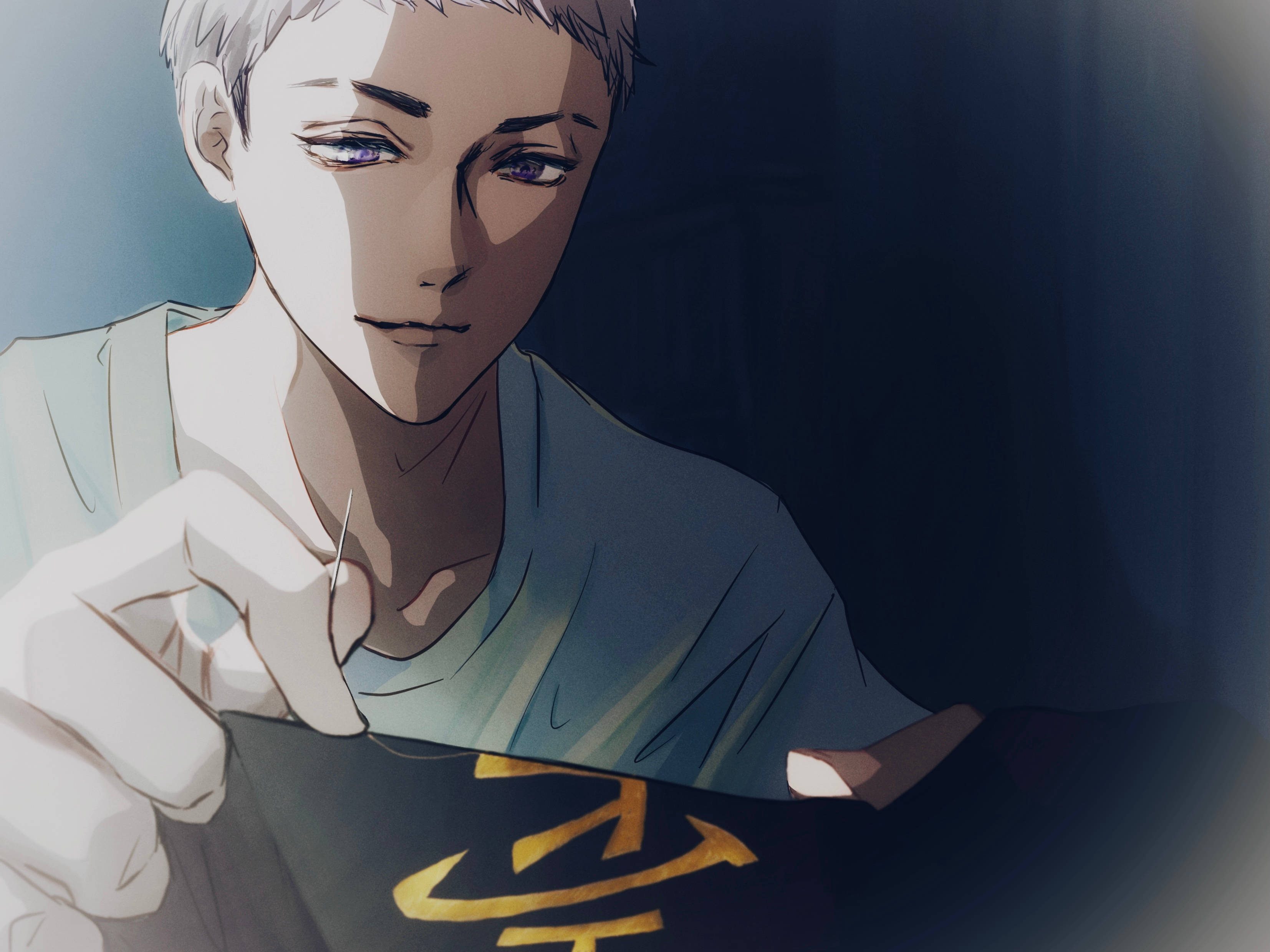 Takashi Mitsuya, silver hair, purple eyes, 2K Desktop Wallpaper