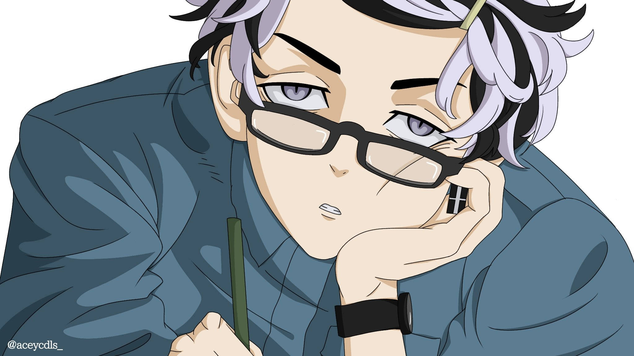 Takashi Mitsuya, black eye glasses, silver hair, Full HD Desktop Wallpaper