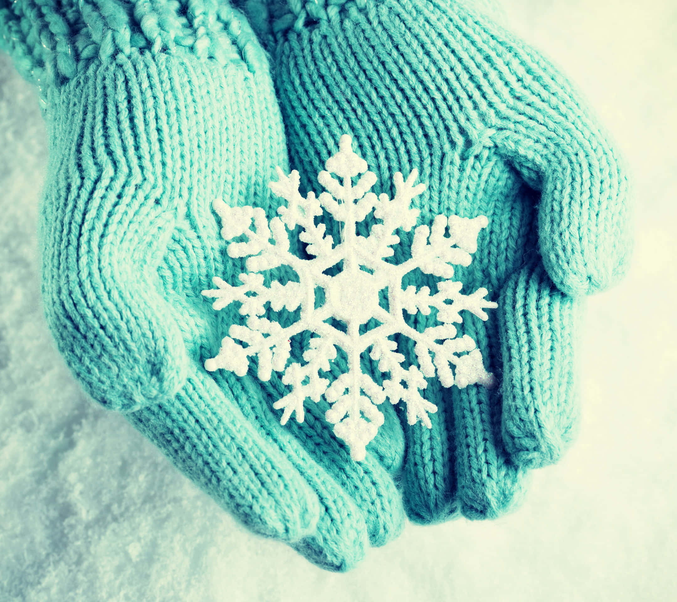 mittens, cyan knitted gloves, white snowflake, Full HD Desktop Wallpaper