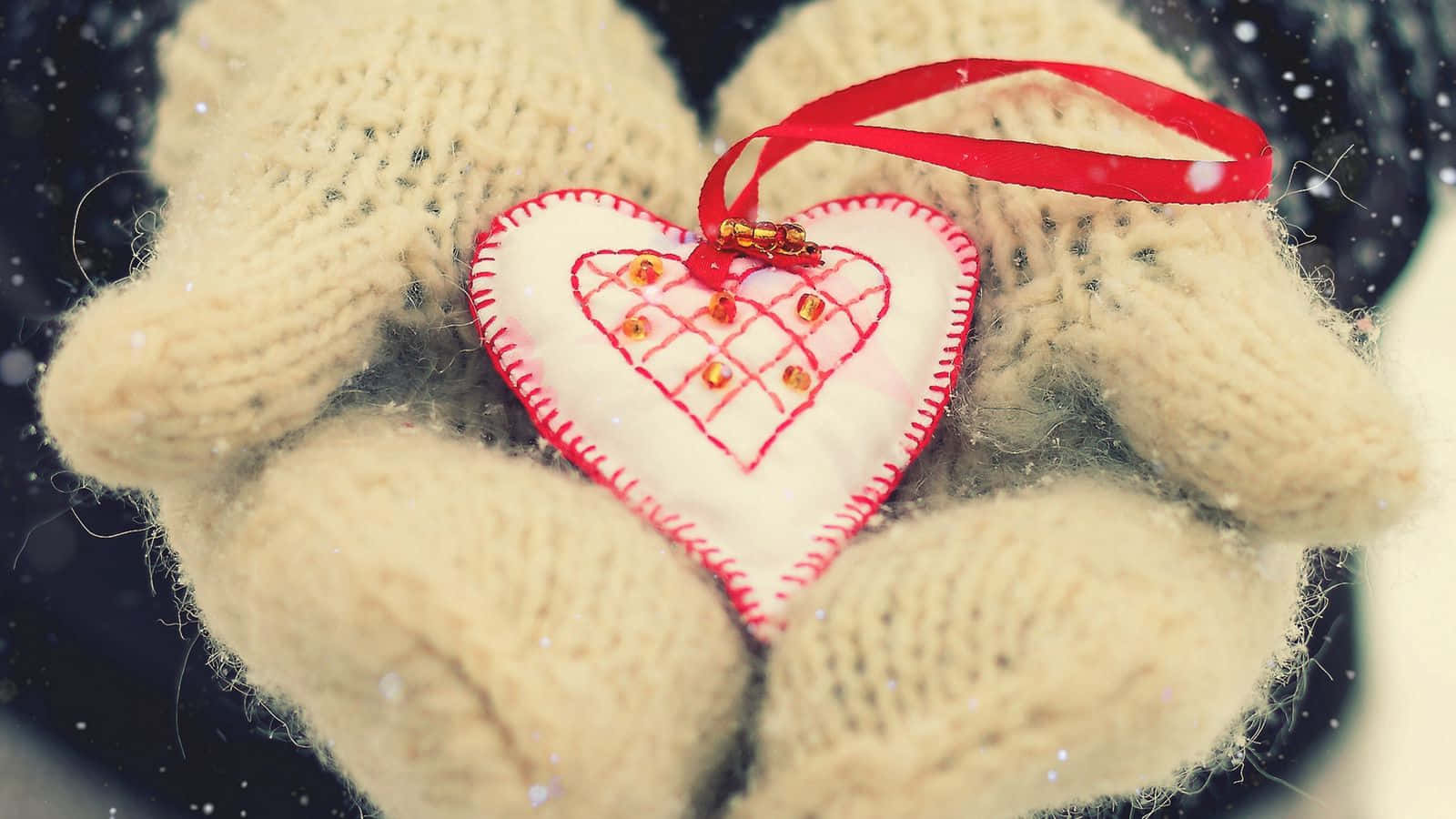 Mittens, red-stitched heart ornament, gold beads, HD Desktop Wallpaper