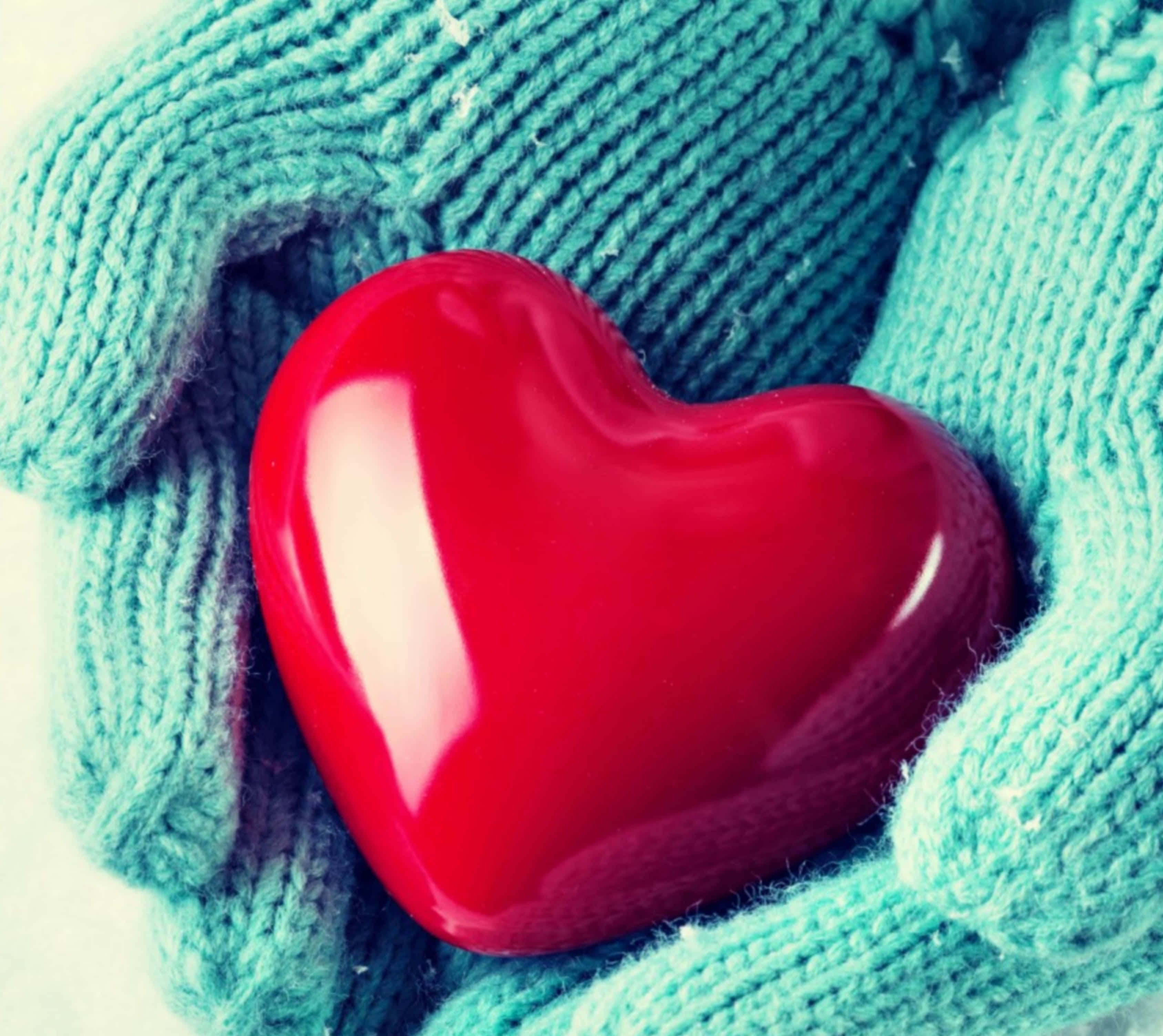 mittens, glossy red heart, soft teal knitted mittens, 2K Desktop Wallpaper