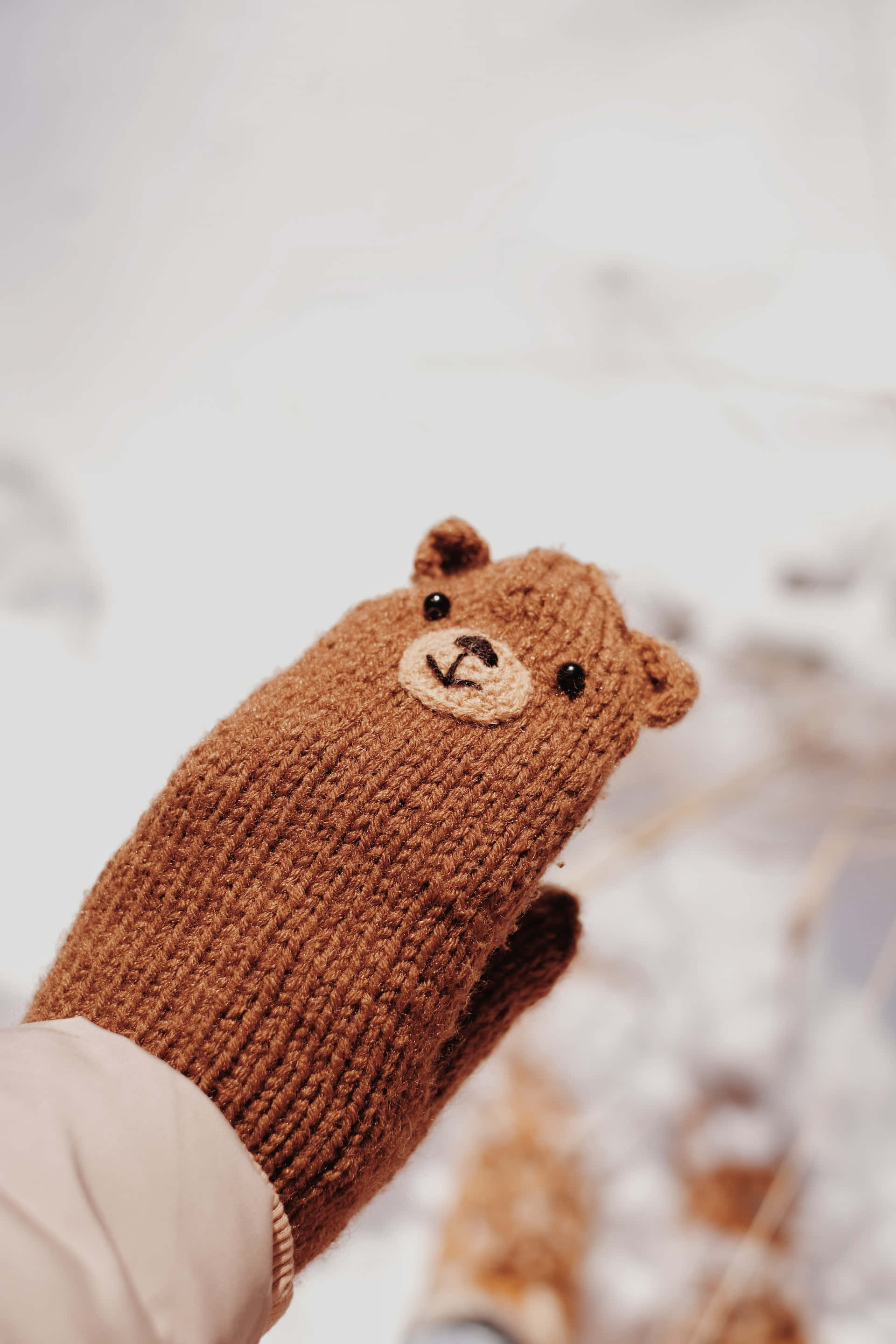 mittens, brown knitted bear-themed mitten, wooden background, 2K Phone Wallpaper