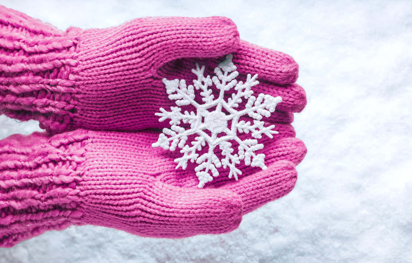 mittens, pink knitted gloves, white snowflake, HD Desktop Wallpaper