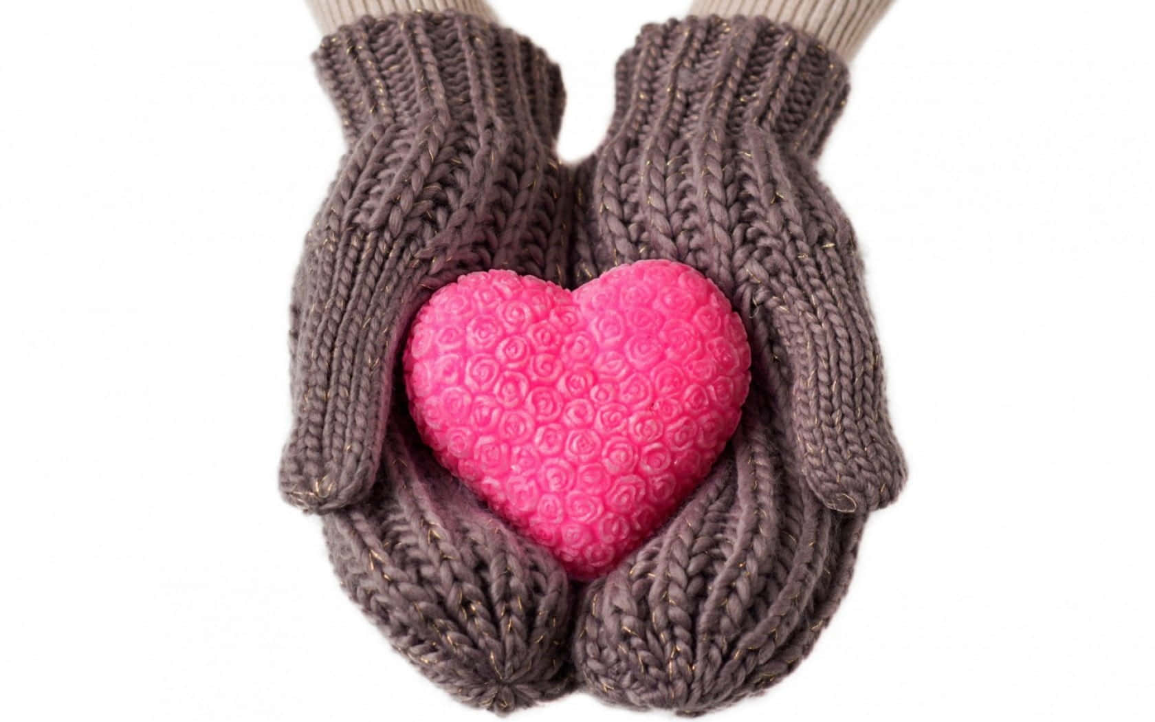 mittens, brown knitted, pink heart-shaped object, HD Desktop Wallpaper