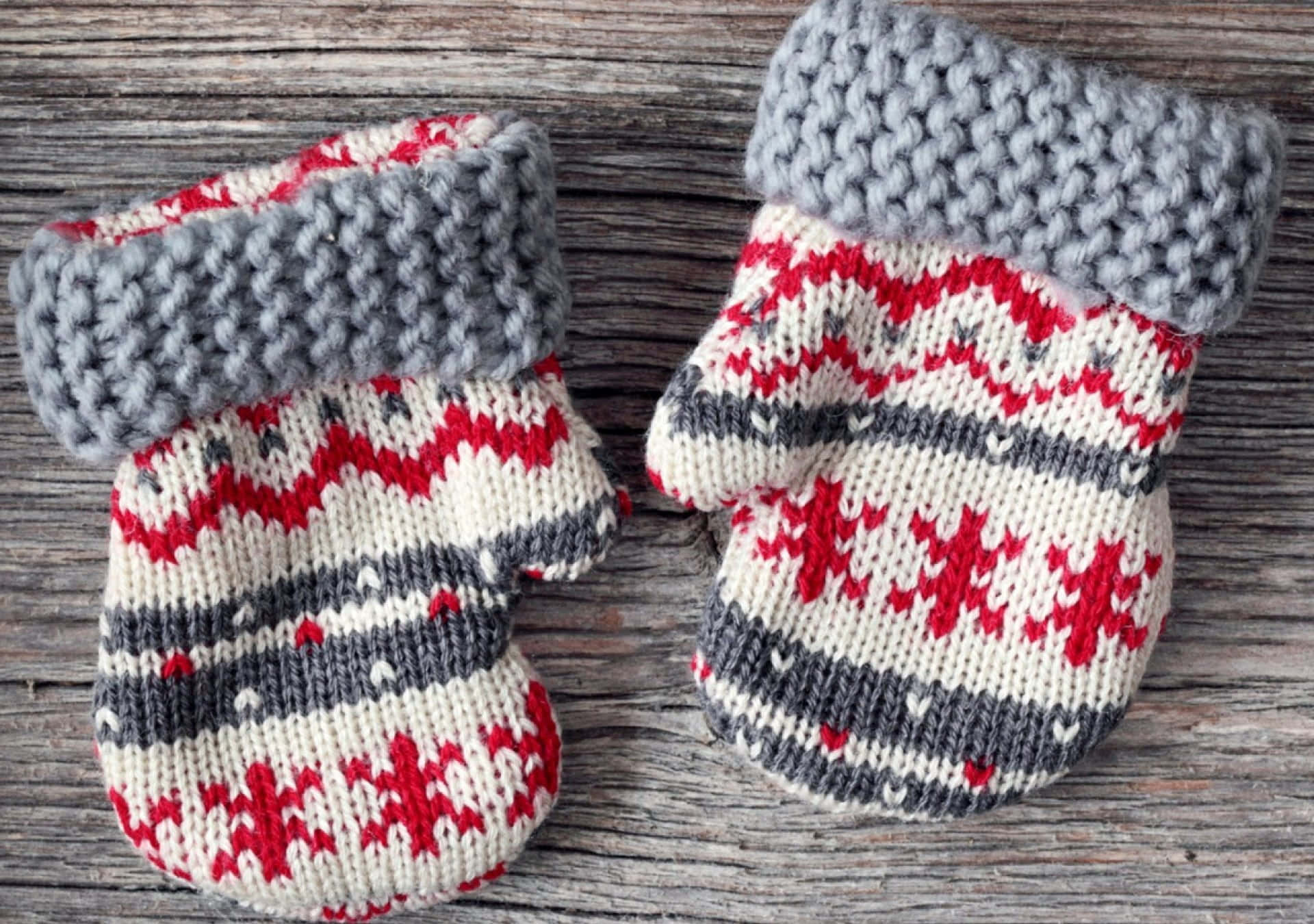 mittens, red gray and cream patterns, weathered wooden surface, Full HD Desktop Wallpaper