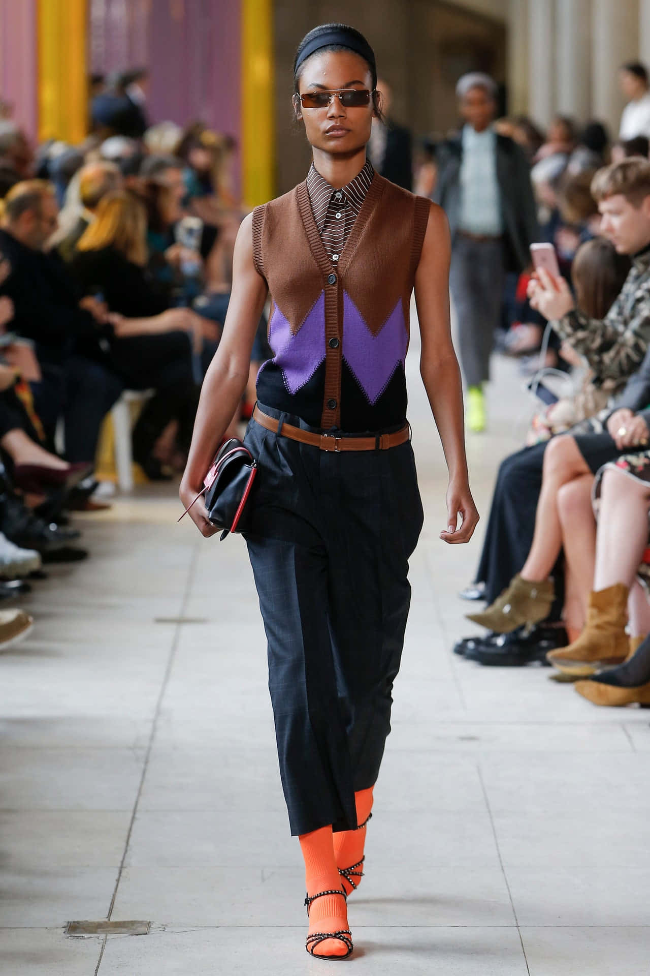 Miu Miu, Spring 2018, brown and purple geometric vest, Full HD Phone Wallpaper