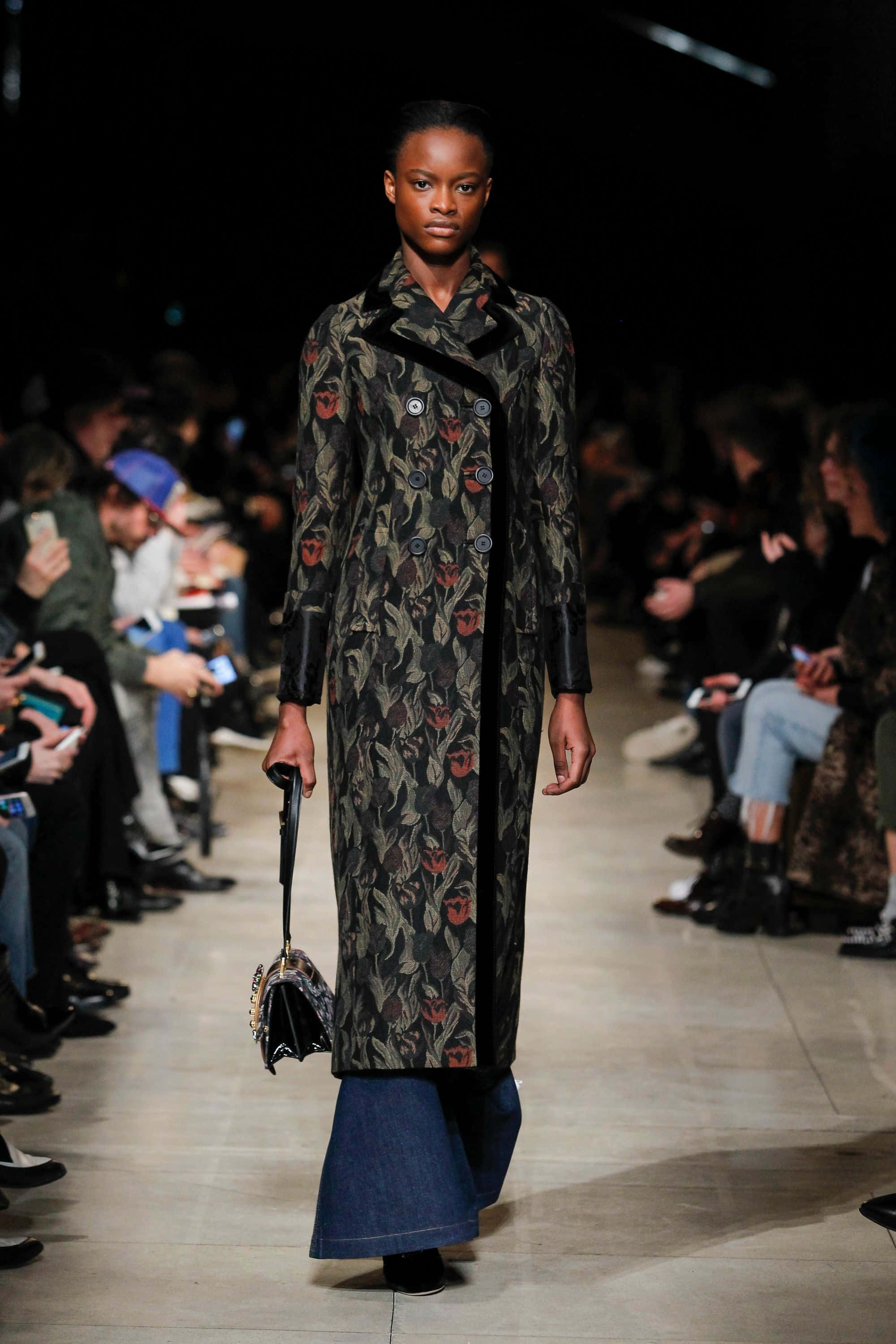 Miu Miu 2016, stylish coat, dark floral coat, 2K Phone Wallpaper